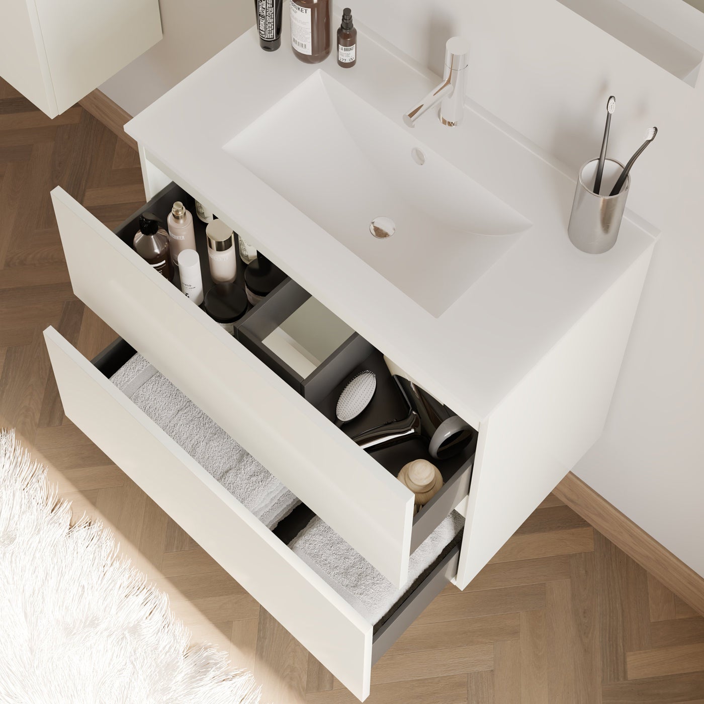 Meuble de salle de bain 60cm simple vasque - 2 tiroirs - blanc - IDA - 3