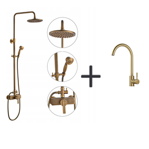 Auralum Max Colonne douche en laiton Bronze Rétro,Douche avec Mitigeur Mécanique,Hauteur Réglable+Robinet Cuisine en Inox,Rotatif à 360°,Doré Brossé