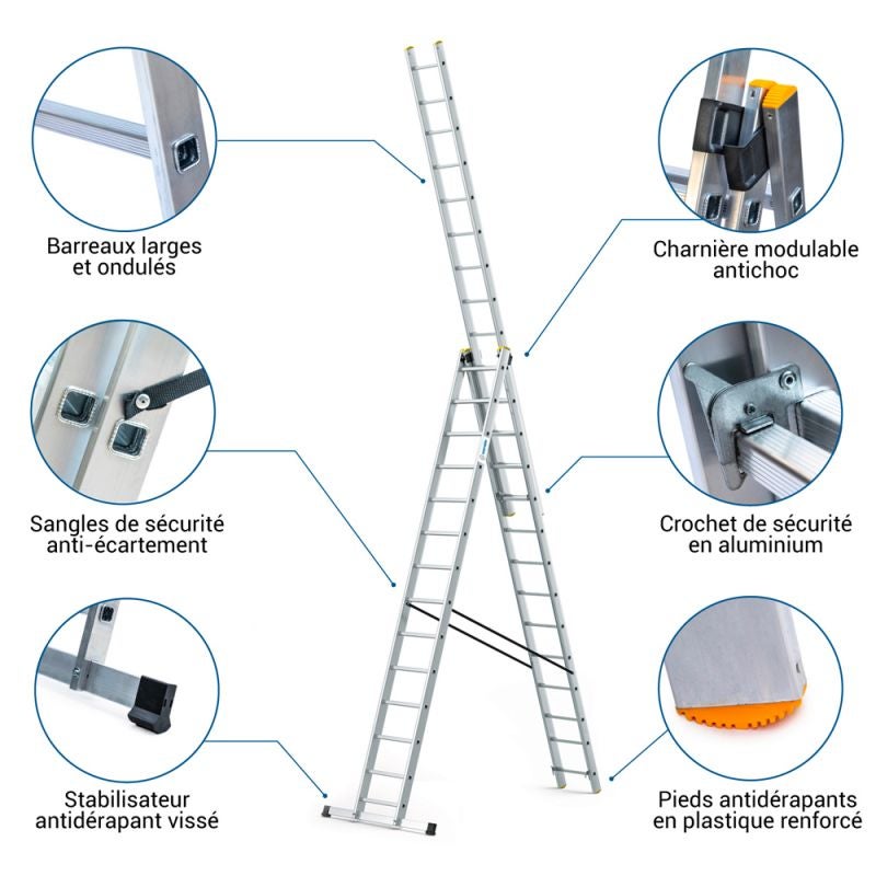 HOSTRÖM Echelle transformable 3 plans StablePro 3x14 marches aluminium extensible coulissante, 6 positions, hauteur travail max 9,62m, garantie 5 ans - 2
