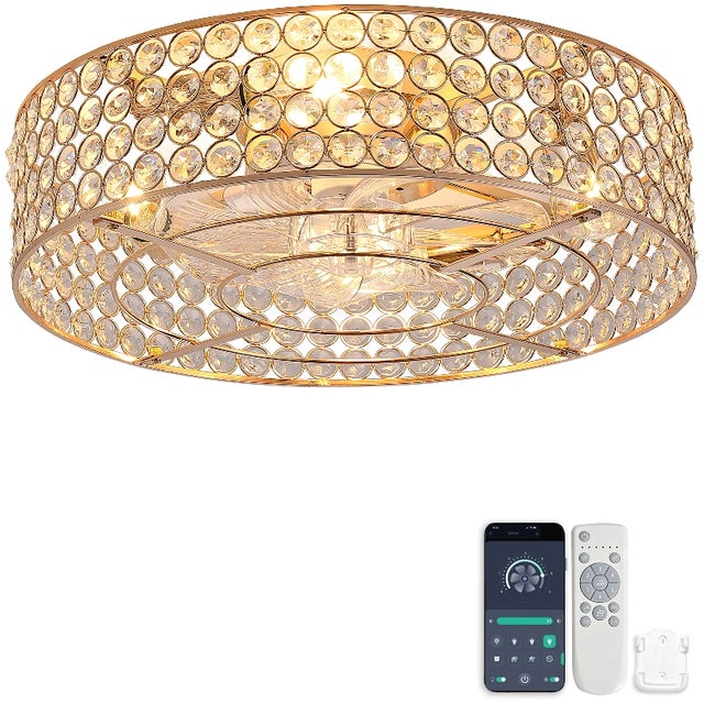 Ventilador de teto com luz, cristal, pás ABS, E26, App e controlo remoto, 6 velocidades, reversível, 48,3 cm, dourado