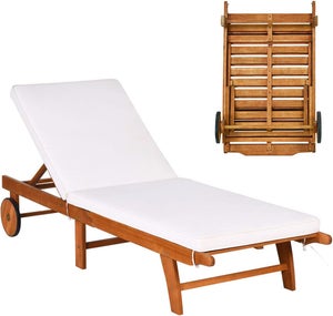 GIANTEX Chaise Longue Pliable en Bois-FSC , Transat Jardin Exterieur Dossier Réglable 6 Positions et Coussin Amovible, Bain de Soleil avec 2 Roues