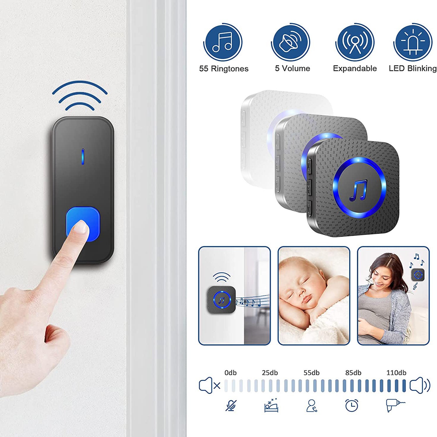 Sonnette sans fil, portée 400 m, étanchéité IP55, 55 mélodies, 5 niveaux de volume, voyant LED, pour la maison et l'hôtel (1 émetteur + 2 récepteurs) - 4