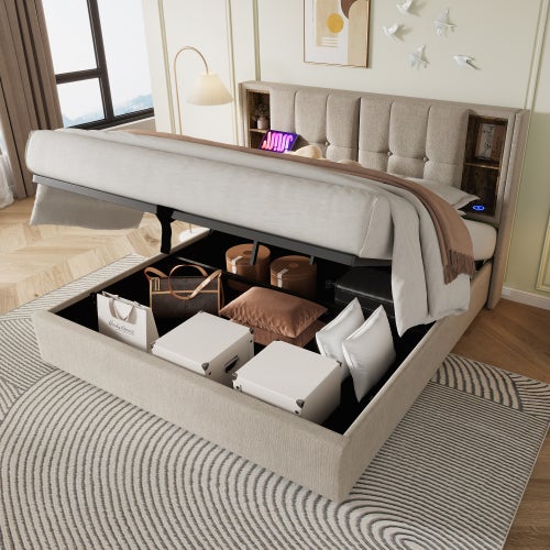 Lit coffre Lit double lit 160x200cm lit rembourré ,avec chargement sans fil USB C, sommier à lattes en bois, lin ,Beige - 2