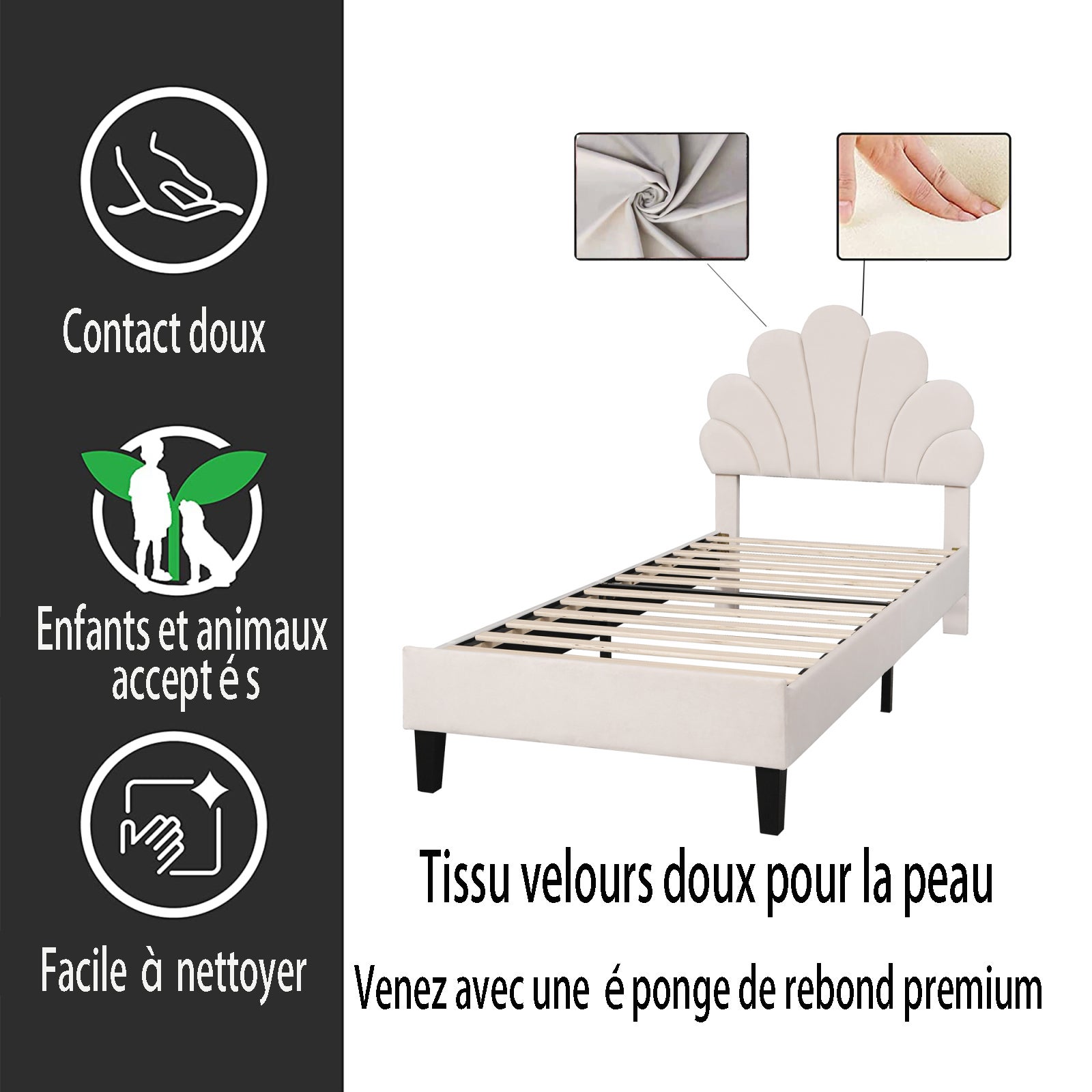 Lit enfant 90x200 cm avec sommier à lattes, structure de lit 1 place avec tête de lit en forme de fleur, 90x200 cm, beige - 4