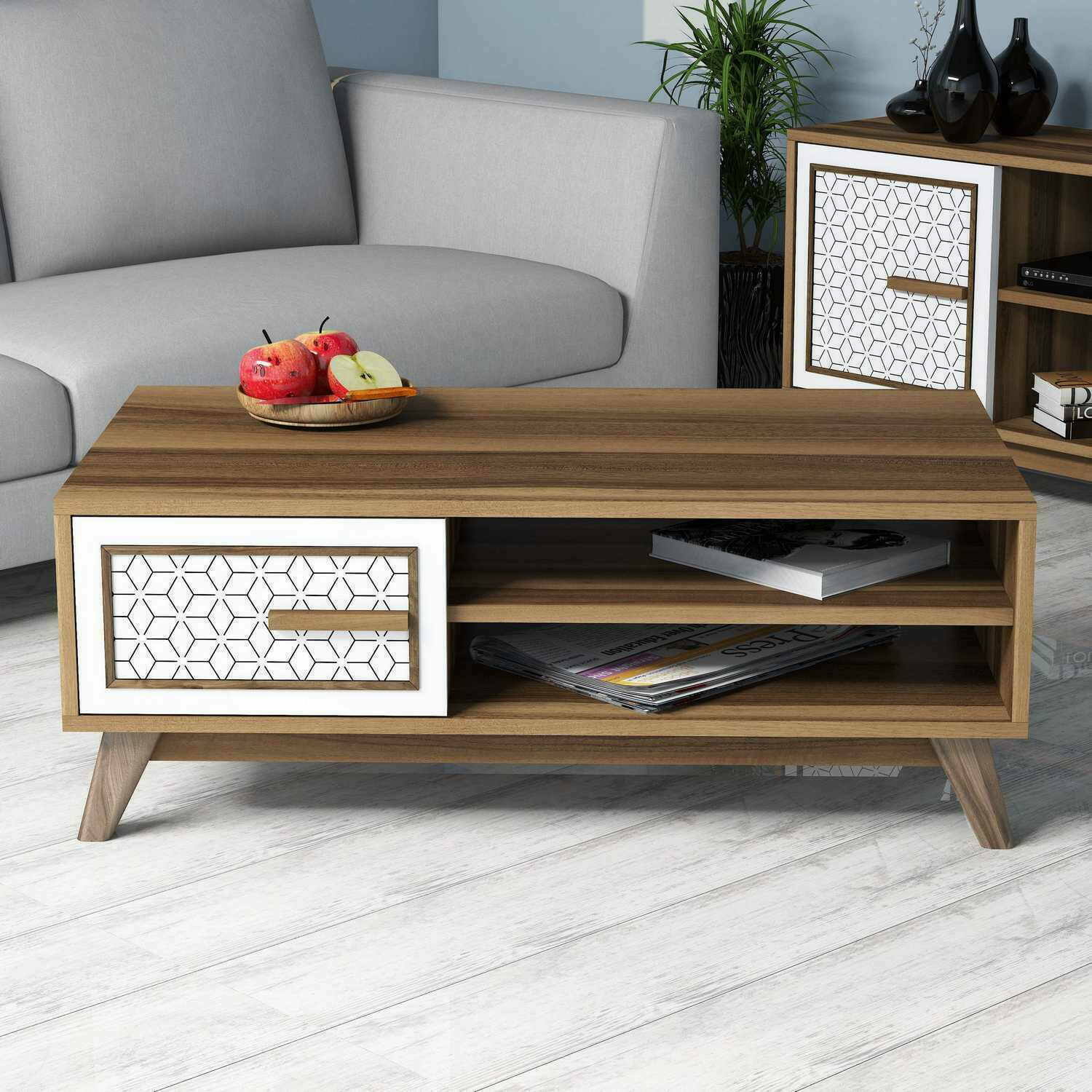 Tavolino Da Caffè ML-Design Bianco Con Barra Metallica - 91x41x52,6 Cm, 3 Ripiani, Design Moderno Per Soggiorno O Ufficio