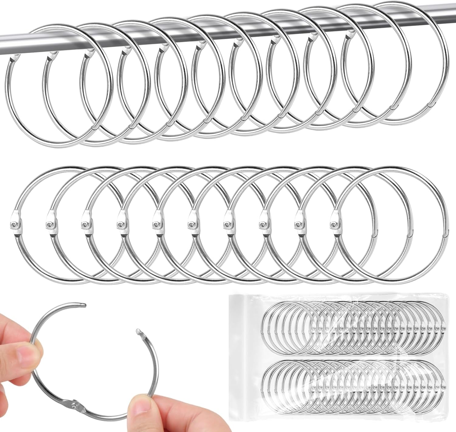 Zestaw 40 srebrnych metalowych kółek do zasłon, 50 mm, do drążków łazienkowych, sypialni, wytrzymałe