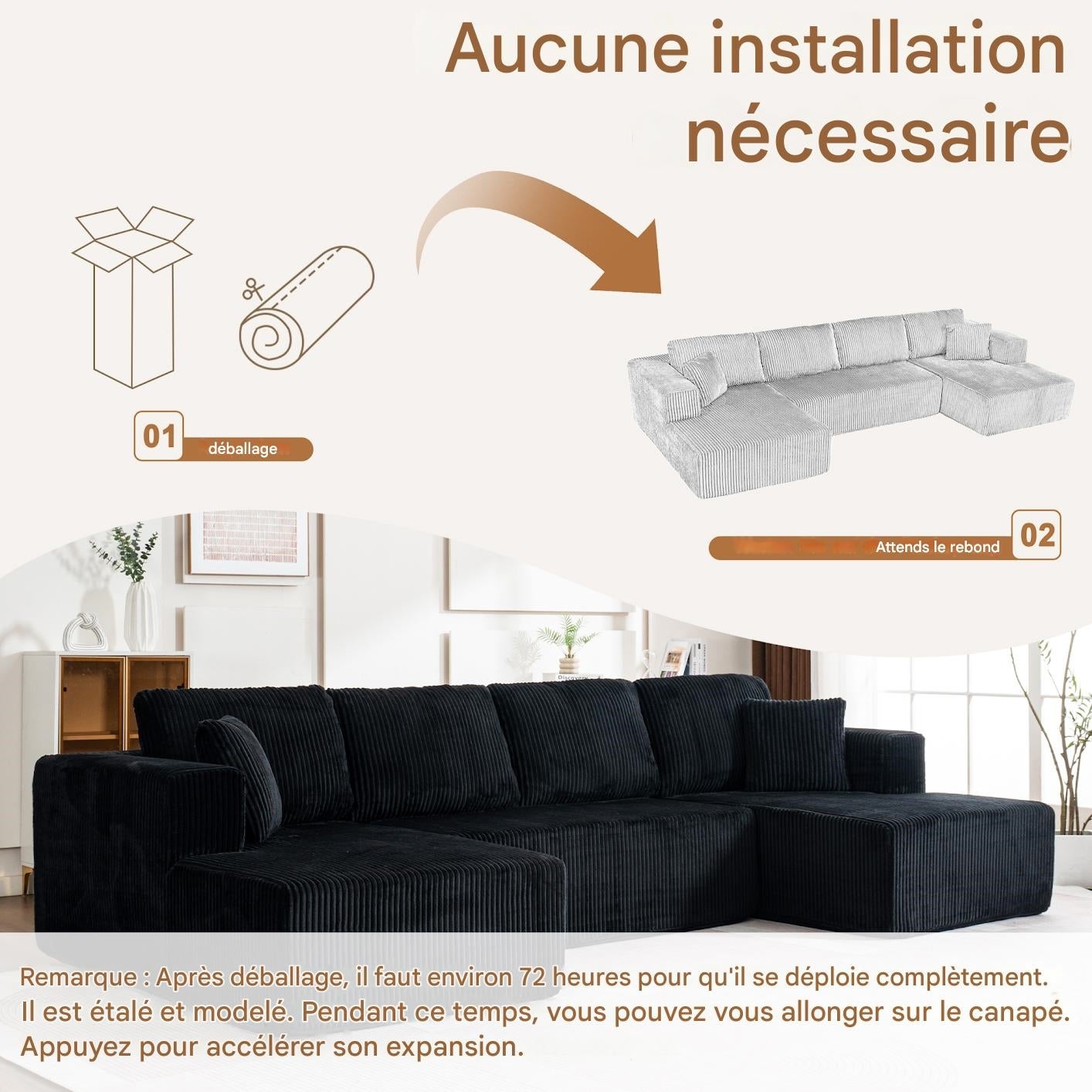 Canapé panoramique d'angle en U,4 places,Canapé modulable,accoudoirs,Velours côtelé,Étui à ressort + mousse haute résilience,Noir - 5