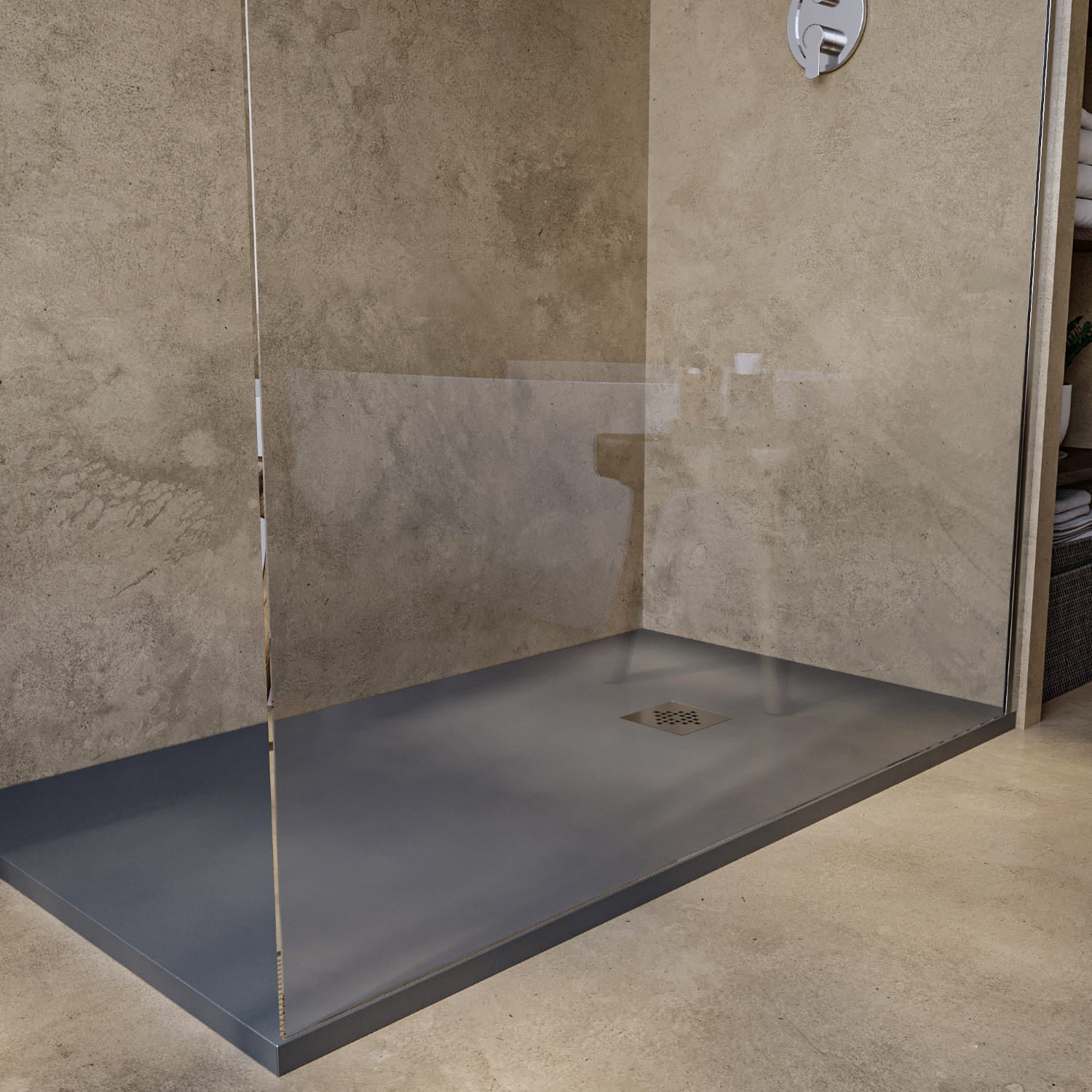 SOULHOME Brodzik prysznicowy– Żywica– Gel Coat– Gładka/Kamienna tekstura – Antypoślizgowy – Kolor cementowoszary – 160x90- Niski 3 cm– Standard - 3