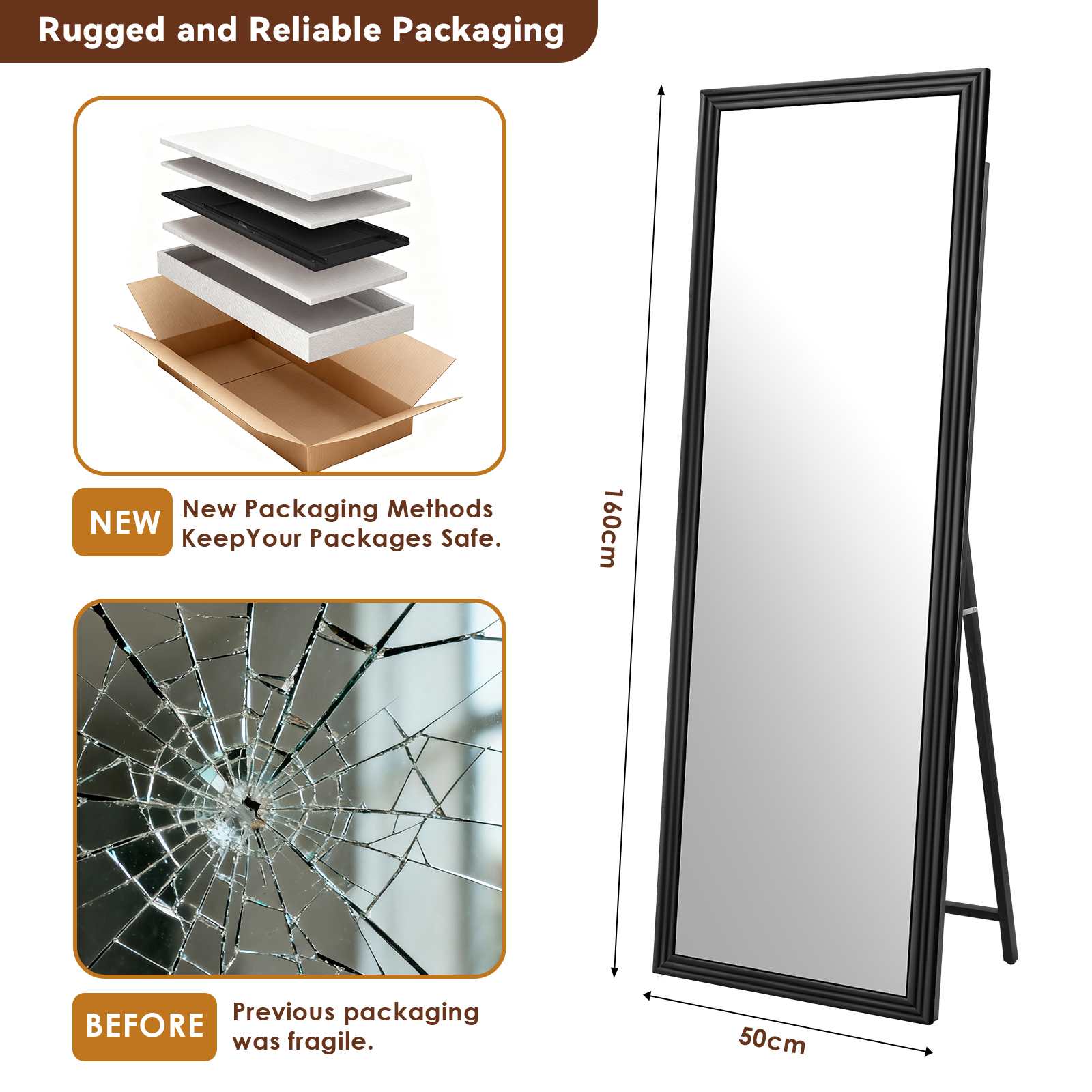 Specchio da Terra Arcuato 160×50 cm in Legno Massello, Specchio a Figura Intera HD per Camera, Soggiorno e Cabina Armadio - 3