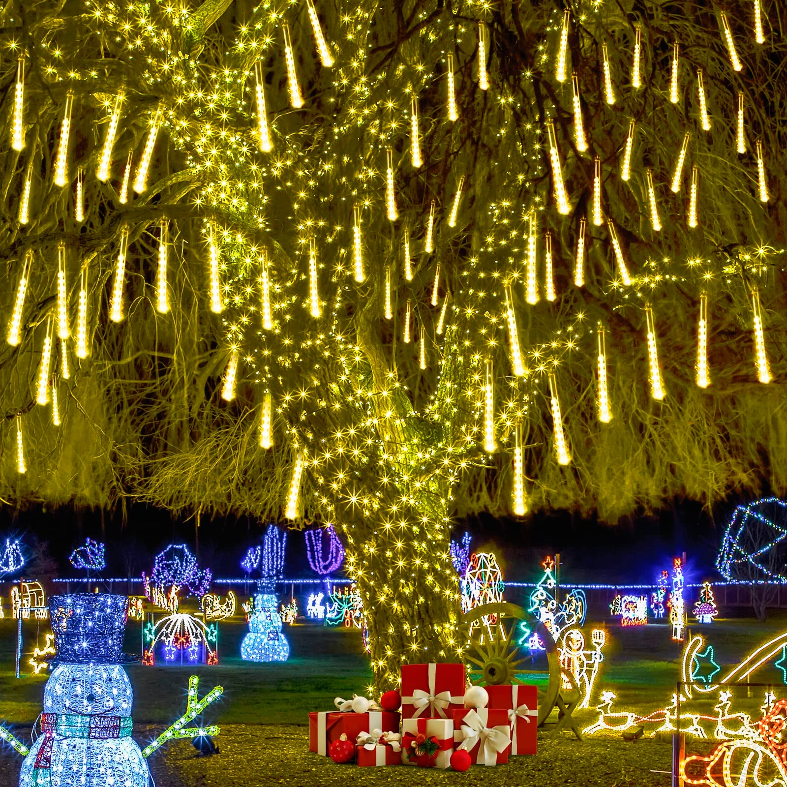 Luci di Natale per esterni, luci a pioggia di meteoriti a 288 LED, decorazioni natalizie, luci natalizie fatate, bianco caldo (8 tubi - 50 cm) - 4