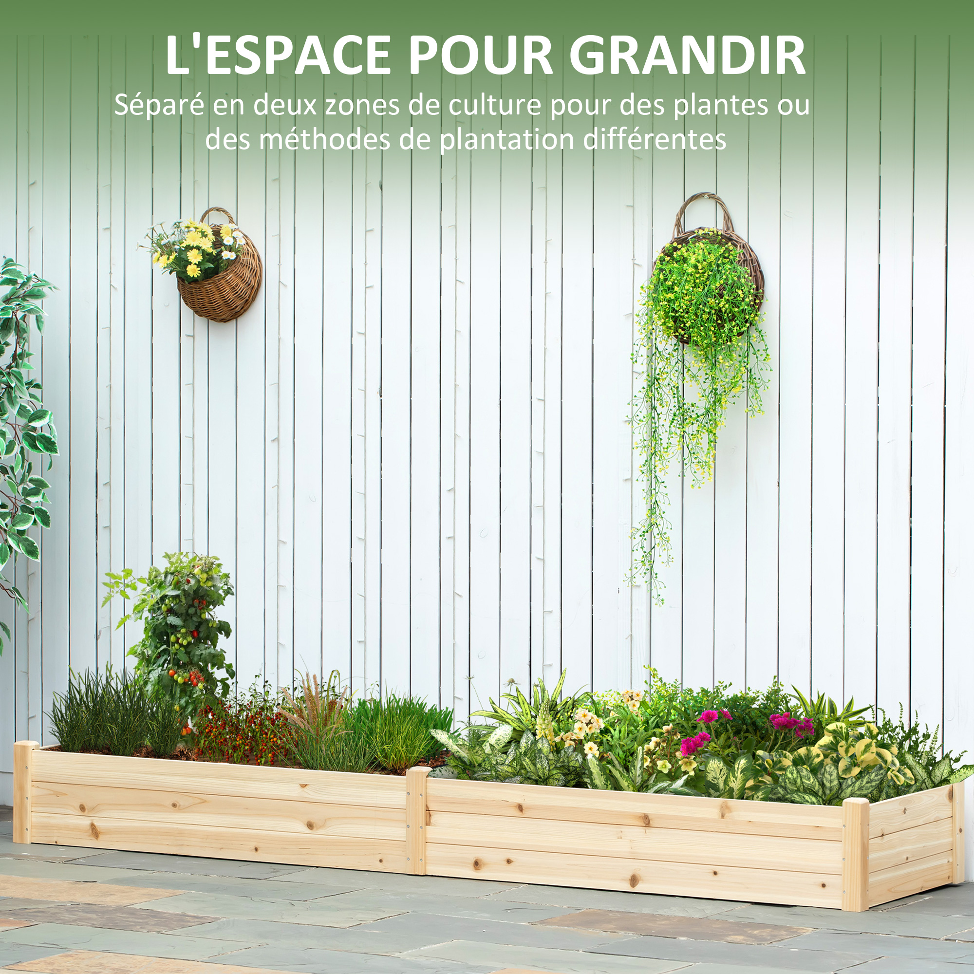 Outsunny Carré Potager de Jardin dim. 244 x 61,5 x 27 cm Feutre de Drainage, séparation Inclus Bois de Sapin - 6