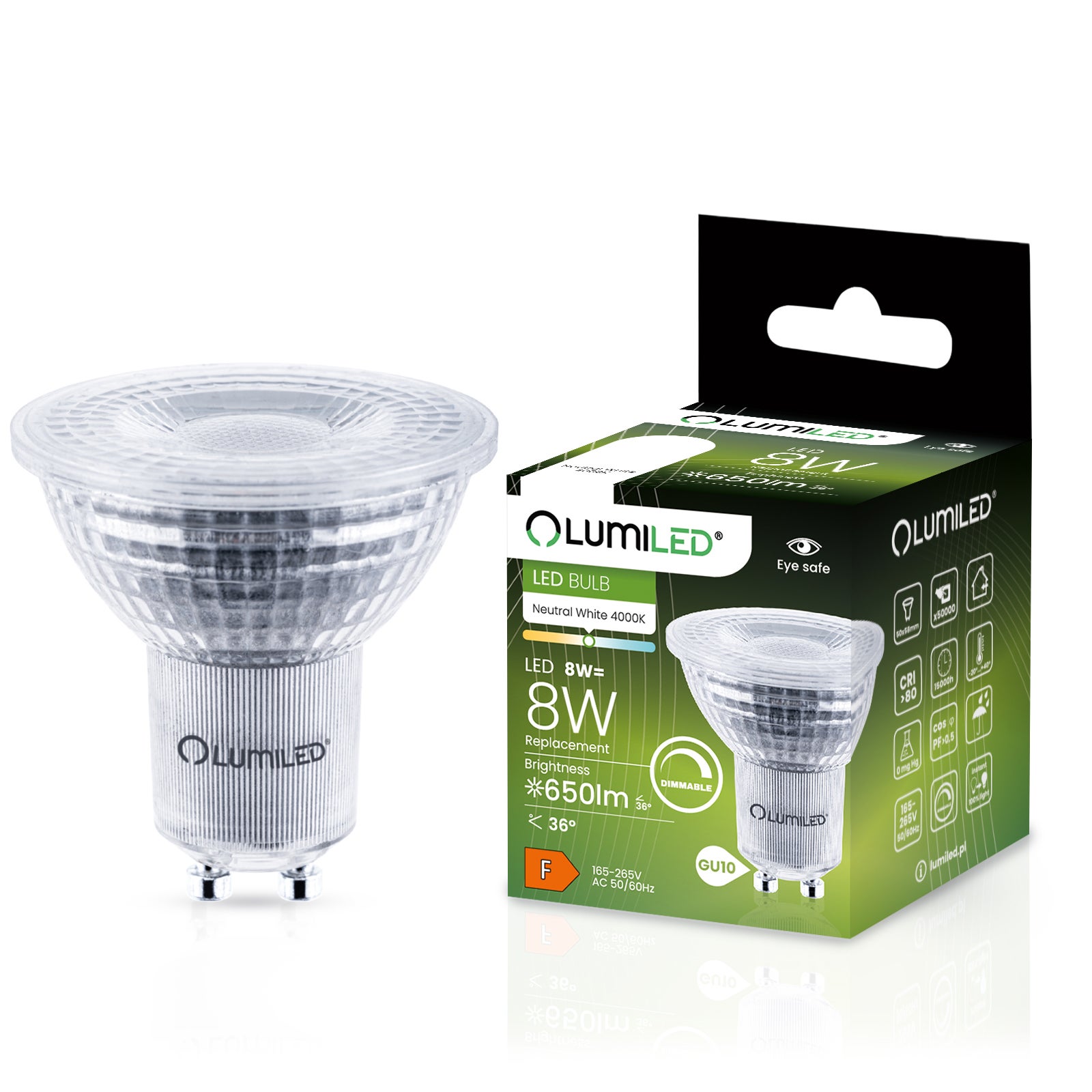 Żarówka LED Lumiled GU10 Reflektor PAR16 8W 650lm 4000K Neutralna biel 36st Ściemnialna 1 szt.