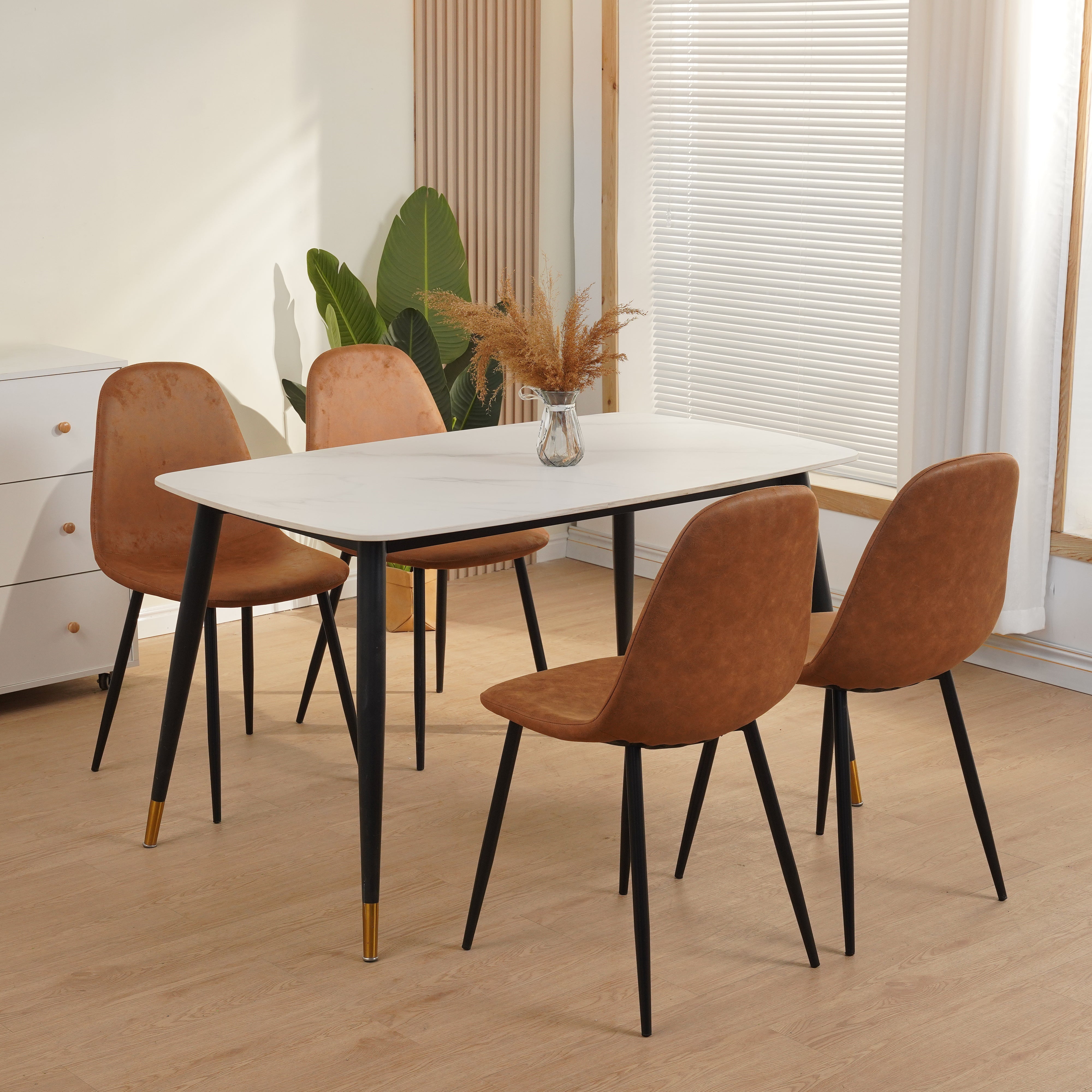 TEENO Lot de 4 chaises de salle à manger, Avec pieds en métal, marron - 4