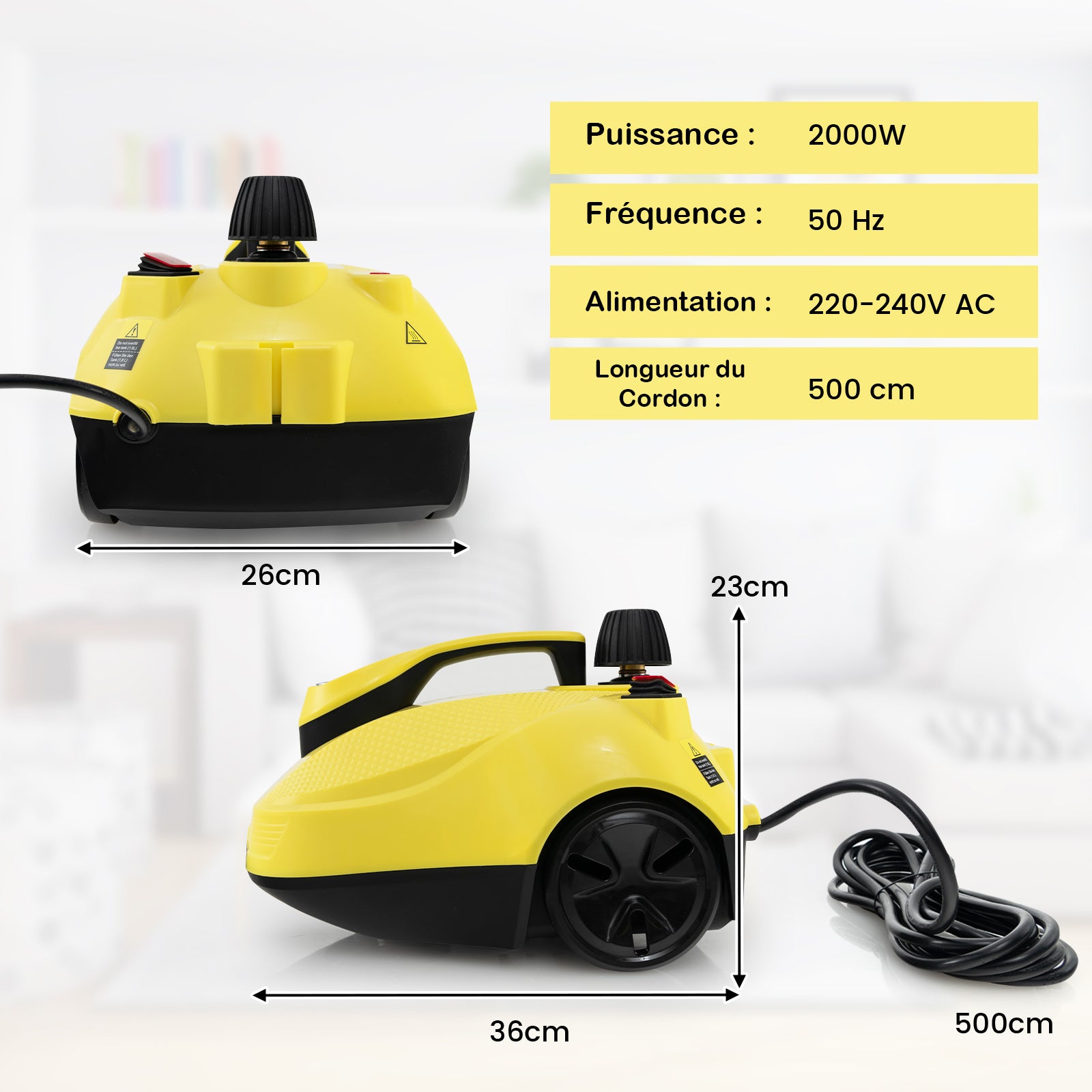Limpador a vapor com conjunto de 15 acessórios, vaporizador com reservatório de 1,9 L, rodas e bloqueio de segurança, (amarelo) - 3