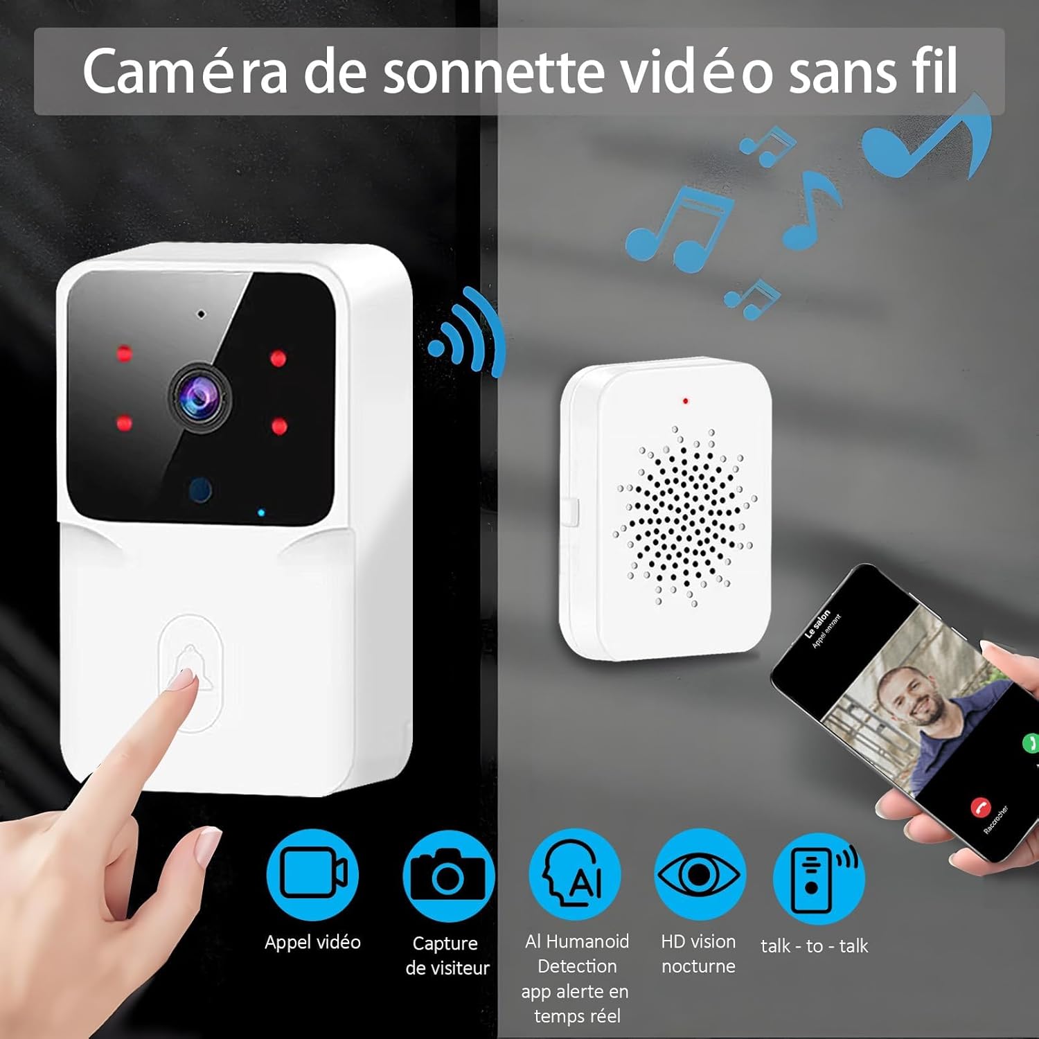 Générique Sonnette vidéo sans Fil avec caméra,1080P Surveillance de Vision Nocturne HD,Résistant aux intempéries,interphone à Domicile - 4