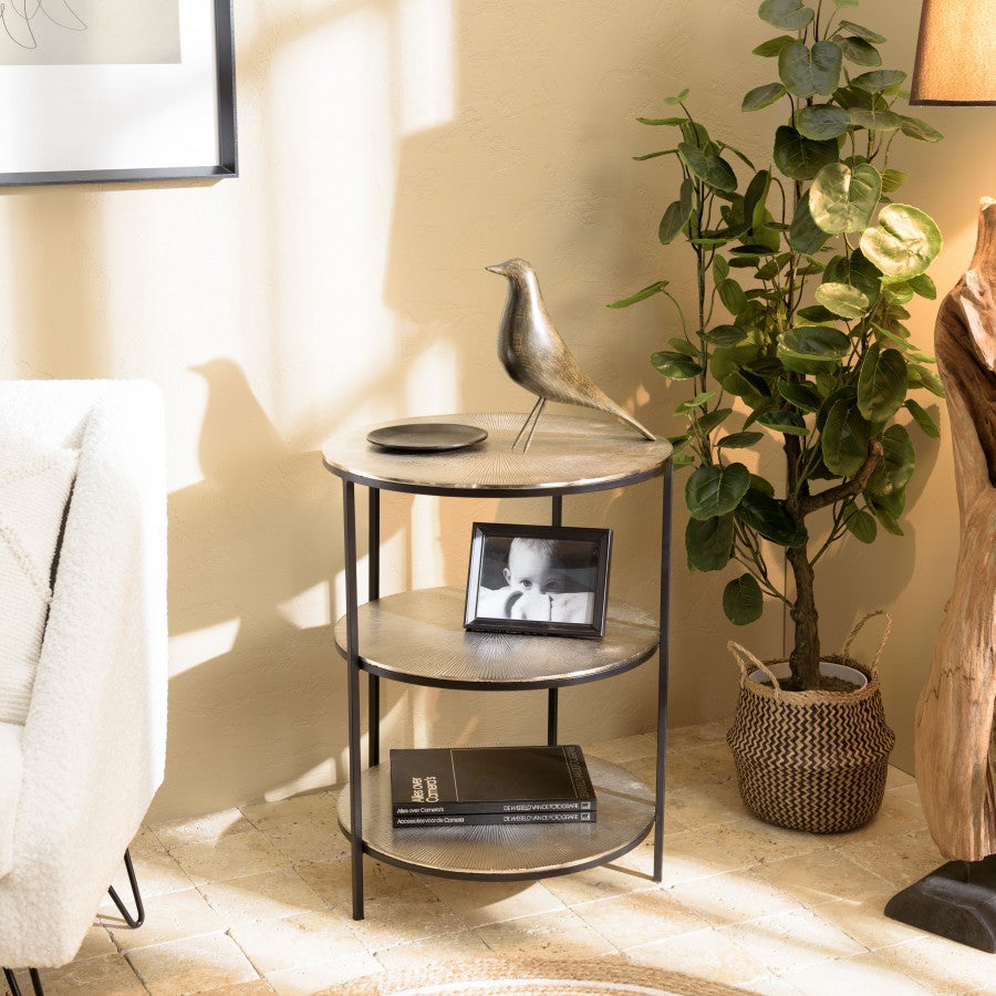 JONAS - Table d'appoint ronde 3 niveaux aluminium argenté et noir pieds ...