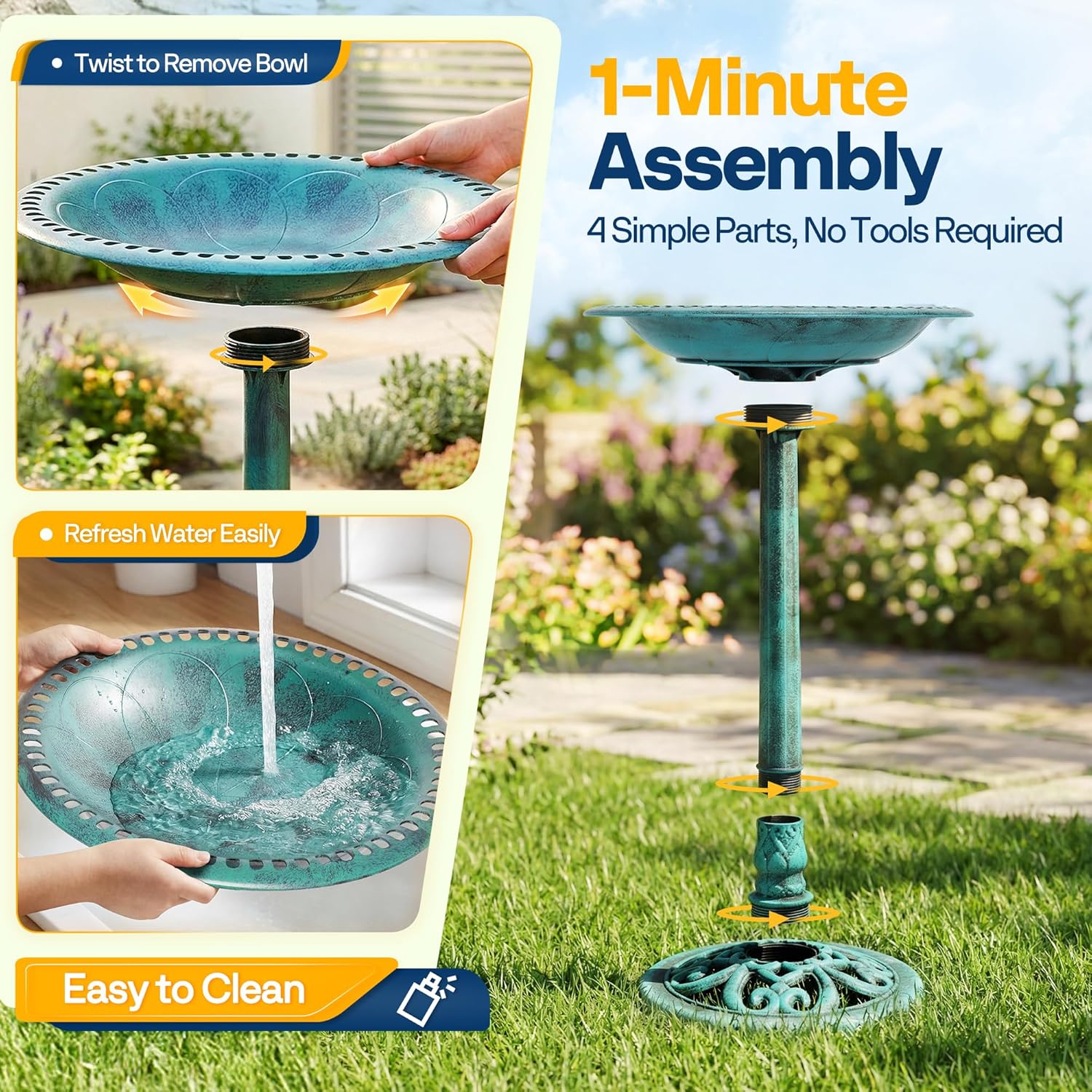 Bain d'oiseaux à fontaine solaire extérieure, décoration de jardin, 24 po de hauteur, vert - 5
