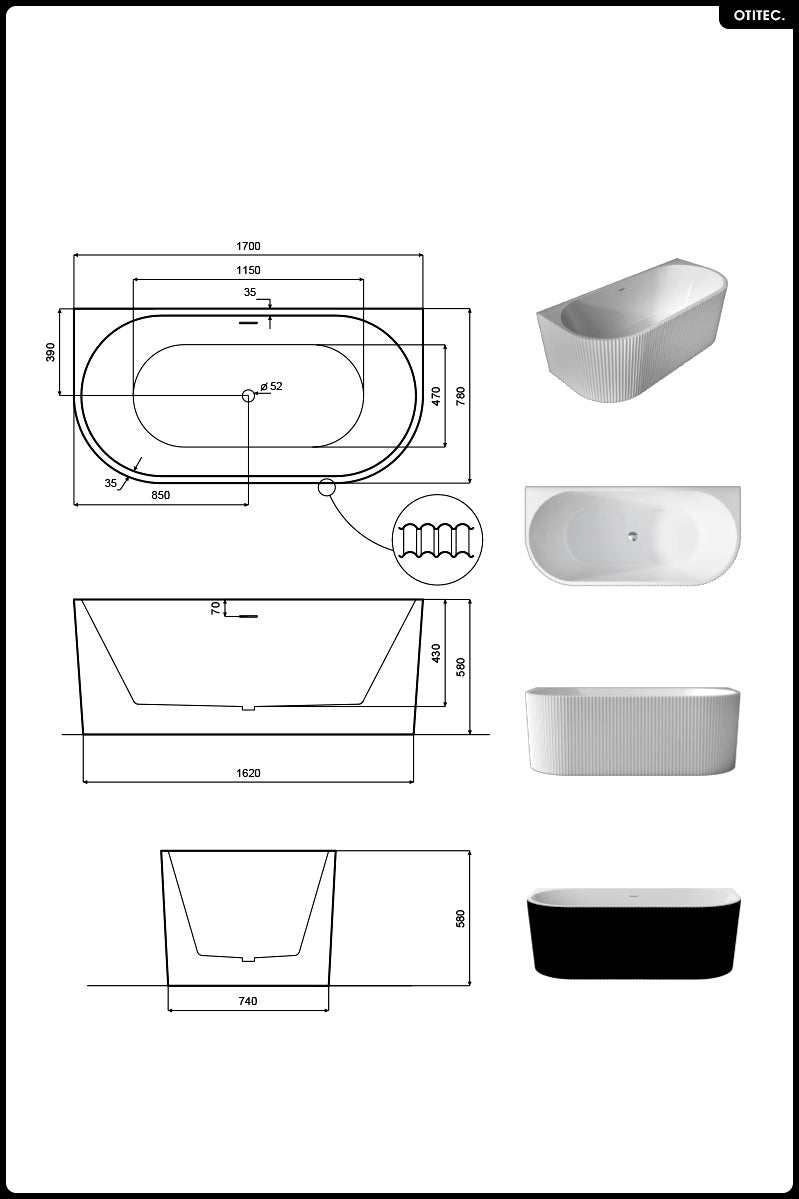 Bañera semi-exenta - 170 x 75 cm - con sifón cromado - Patas - INCLUIDAS - LEYA - 8