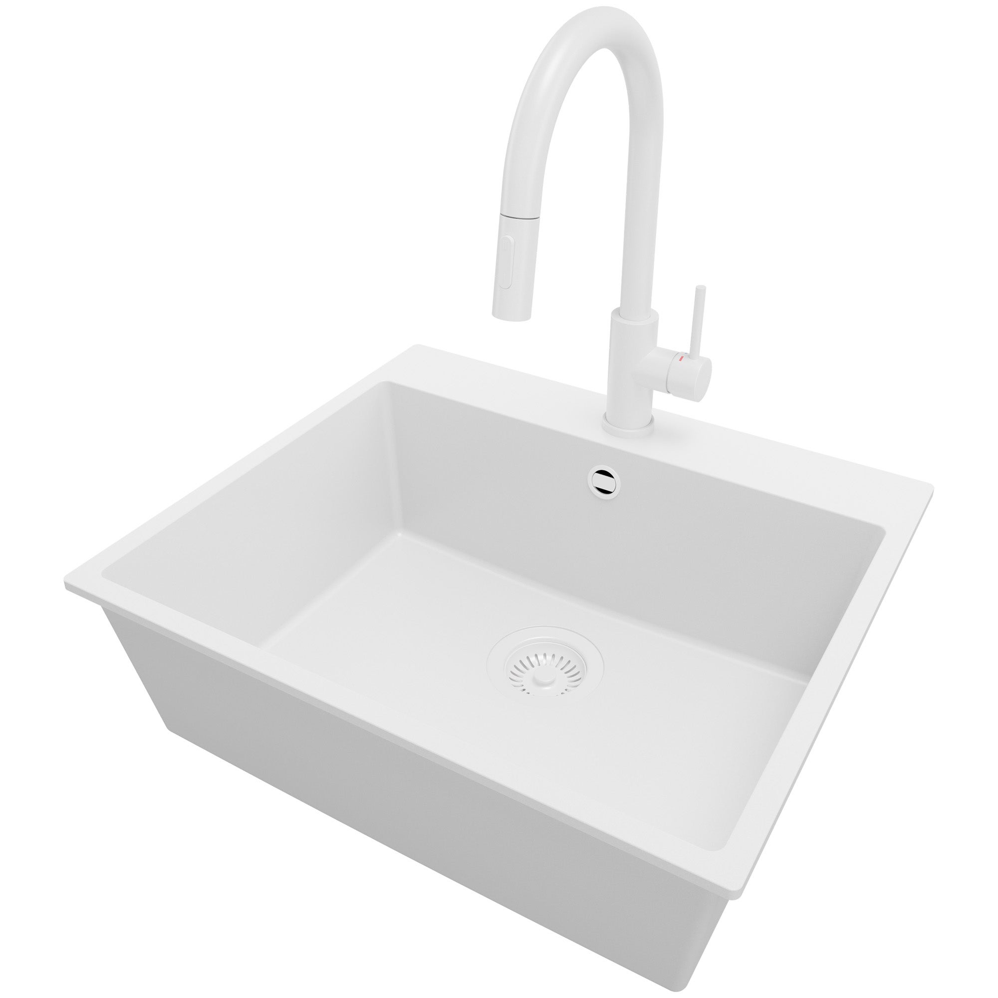 Zlewozmywak Granitowy Cały Biały 58x50cm, Zlew Kuchenny 1 Komorowy + Bateria 40x20cm + Syfon, Nablatowy do szafki od 60cm - Ryga PRIMAGRAN