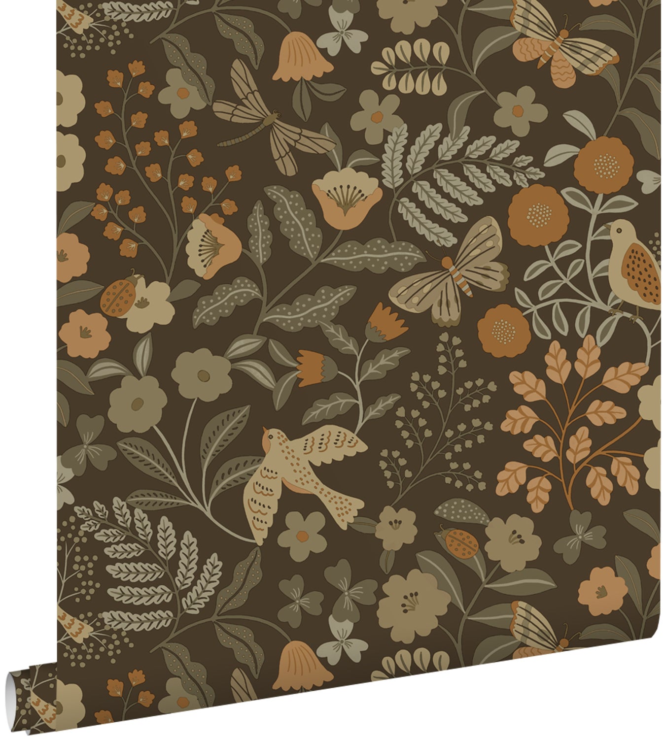 Papel pintado flores y pájaros verde grisáceo, marrón y amarillo ocre - 0.53 x 10.05 m - estahome