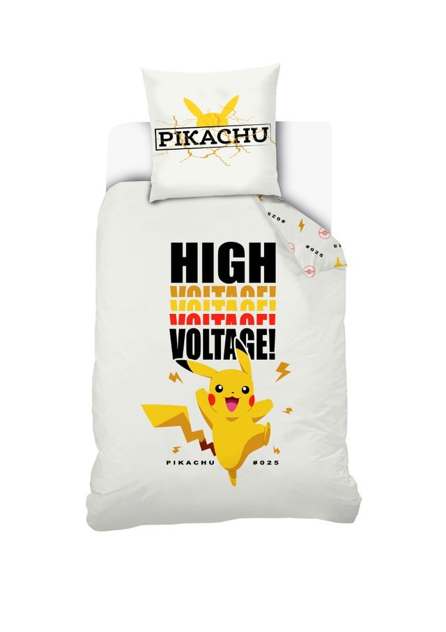 PIKACHU - Housse De Couette Pikachu High Voltage 140x200 cm + Taie D'oreiller Pikachu 63x63 cm - Blanc - 100% Coton