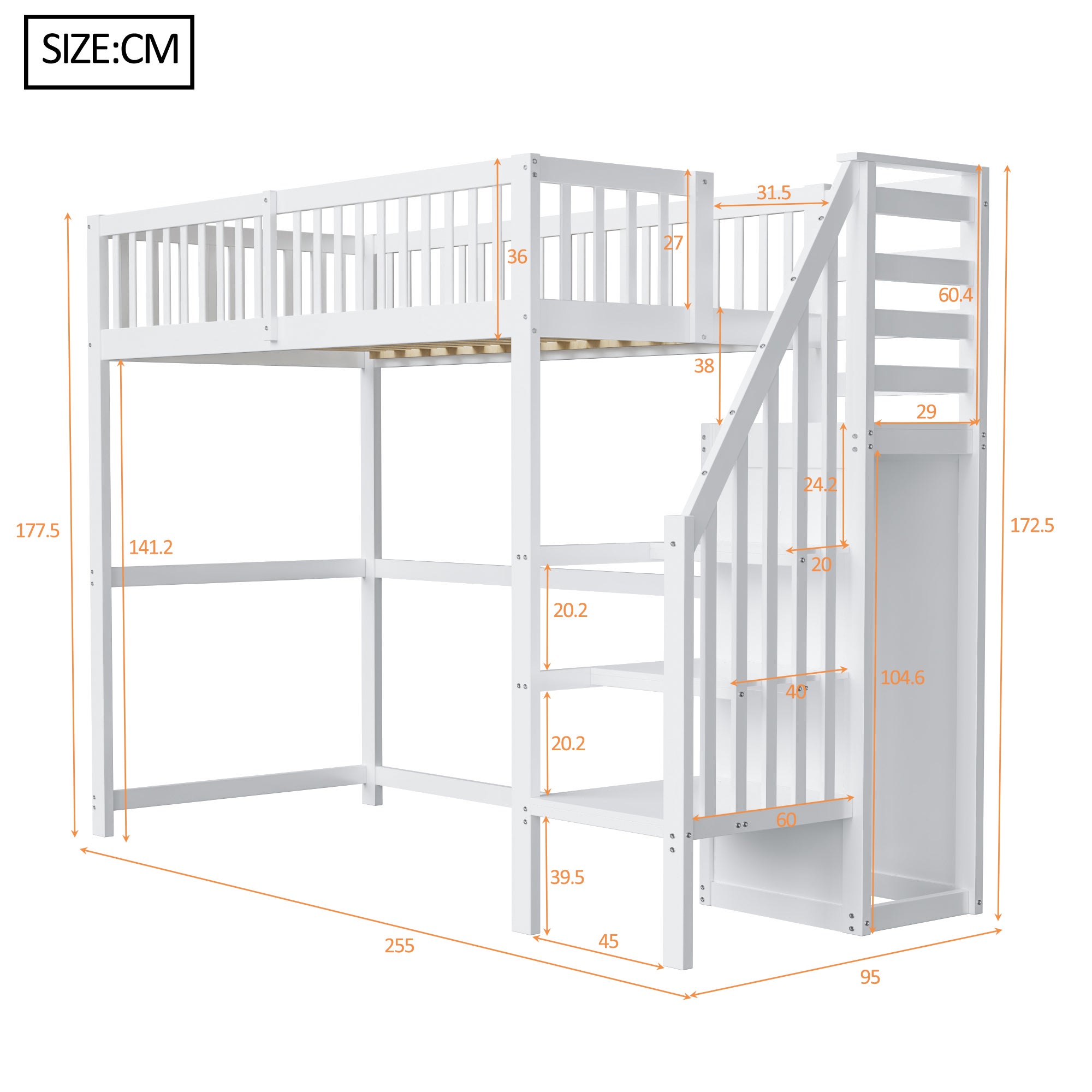 Lit mezzanine 90x200 avec escalier, lit enfant en bois blanc avec étagère de rangement, armoire simple - 7