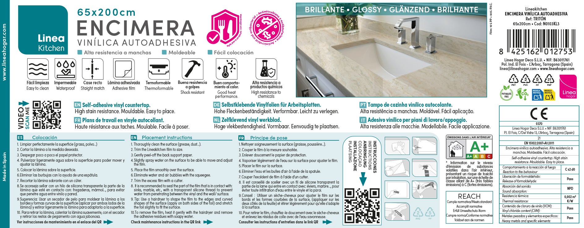 TRITON: Vinyle adhésif pour plan de travail de cuisine et salle de bain. Résistant aux taches. Imperméable. Facile à poser et à nettoyer. 0,65x2m - 12