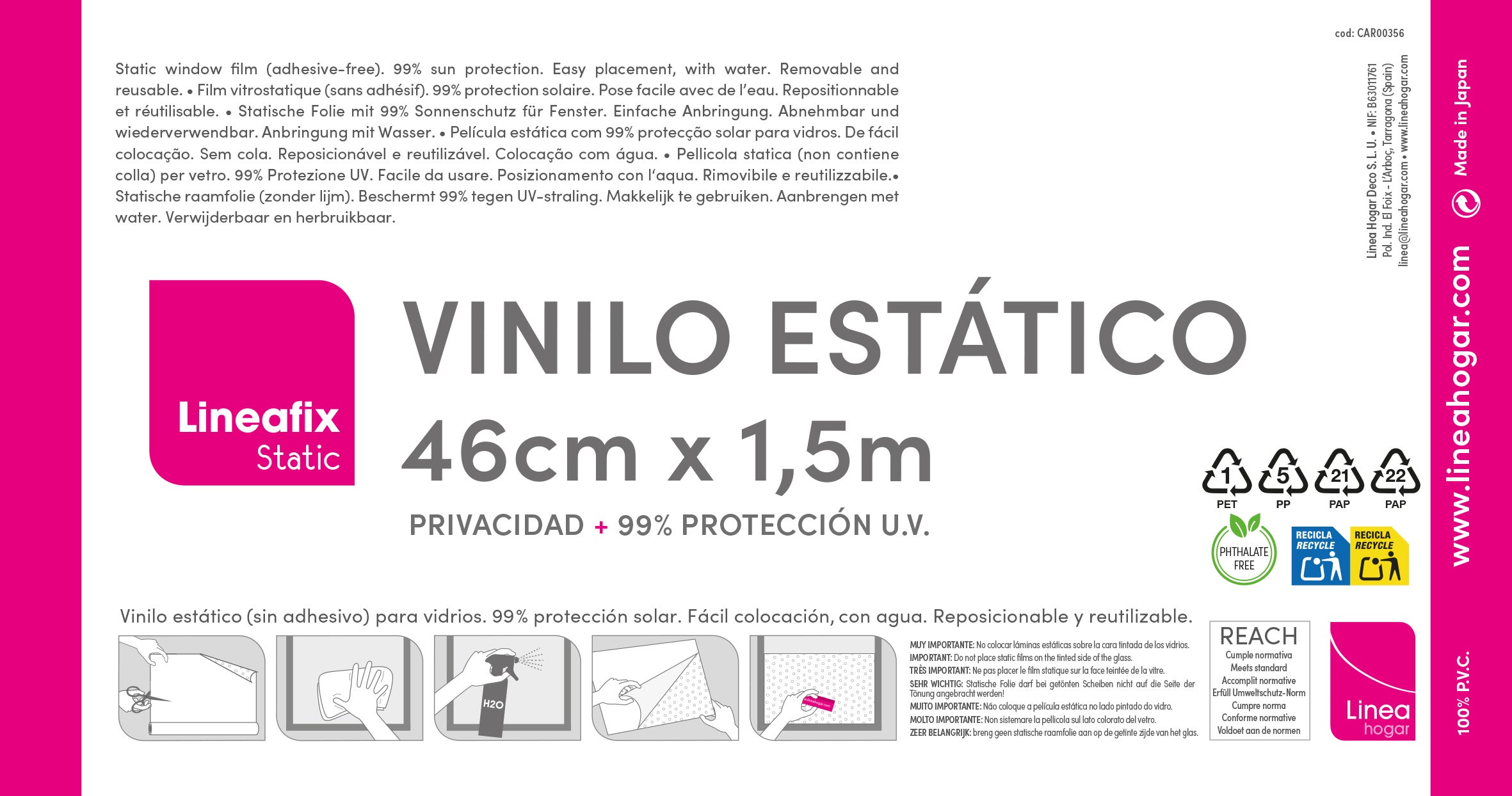 Film vitrostatique Rice. Intimité et décoration. Protection UV à 99%. Pas d'adhésif. Facile à appliquer avec de l'eau. Repositionnable. 46x150cm - 10