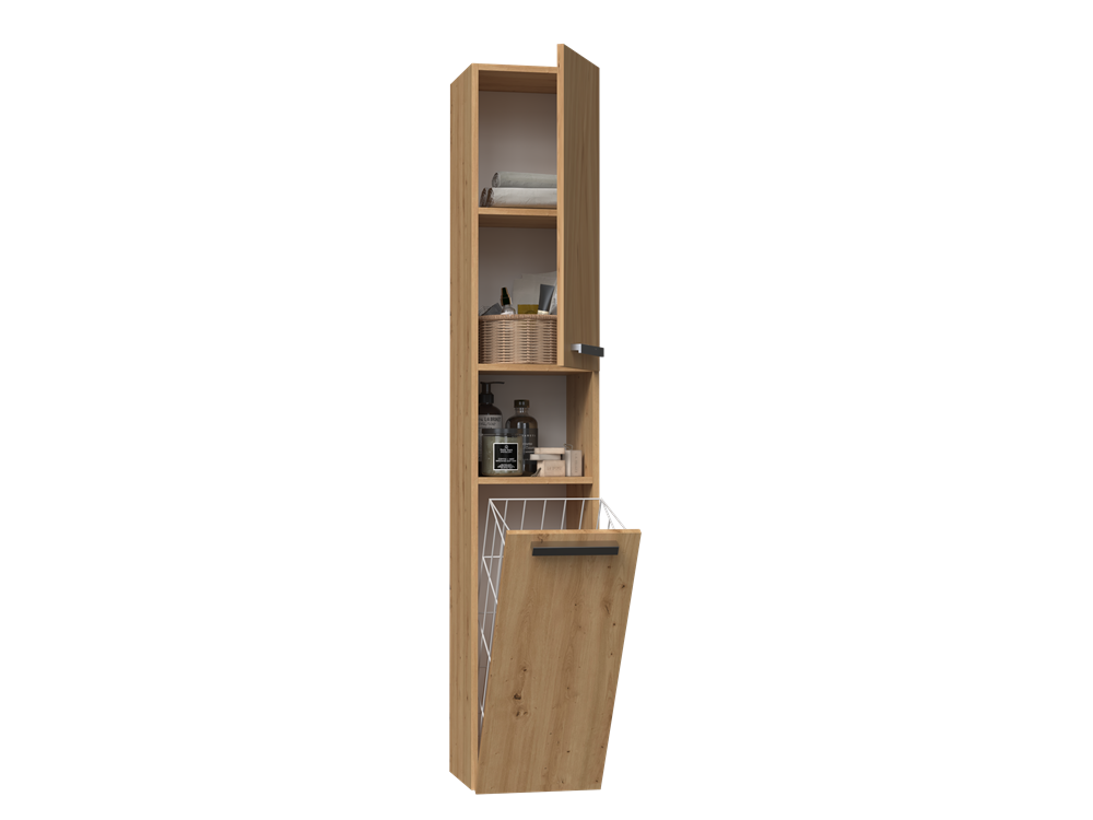 HORTI - Meuble salle de bain avec panier à linge - 31x30x174cm - Colonne rangement SDB - Chêne - 5