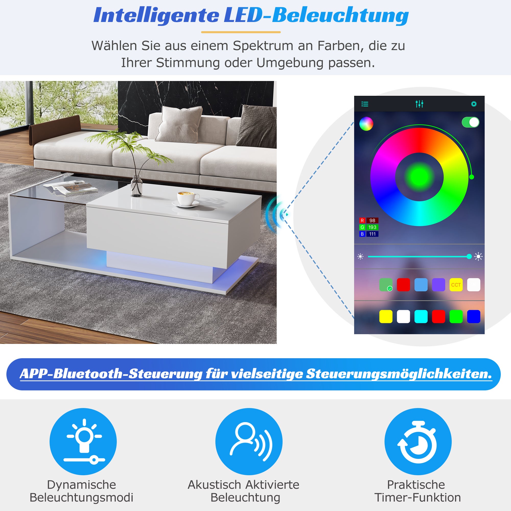 Table basse avec grand tiroir - 100x50x32 cm - LEDs - plateau en verre - Panneaux de particules - Blanc brillant - 7