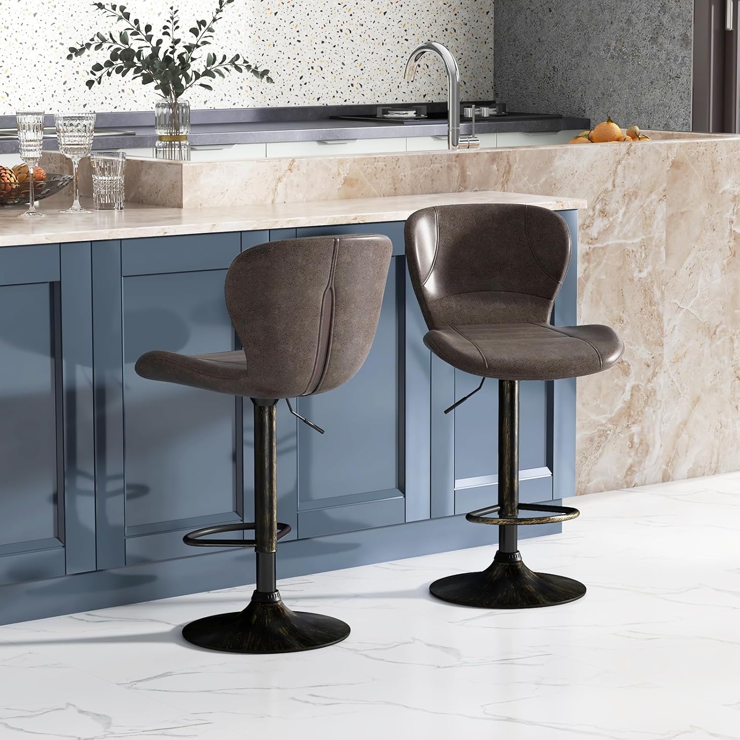 Set Di 2 Sgabelli Da Bar Da Cucina Con Altezza Bancone - Moderni, Bianco E Oro, Sedile In Ecopelle, Poggiapiedi Doppio - 3