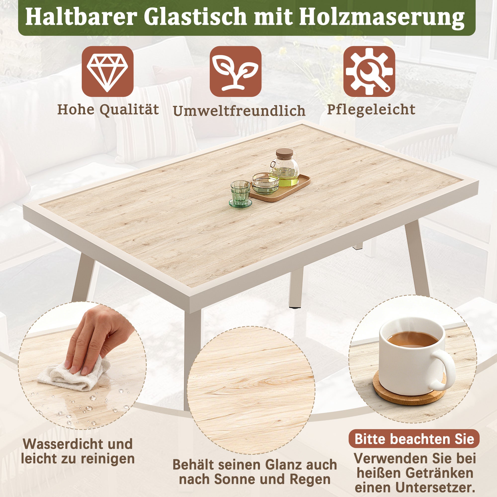 Sofá de jardín 7 plazas,Estructura de hierro resistente con cojines beige, Incluye mesa de cristal aspecto madera y 2 sillones, Conjunto para terraza - 7