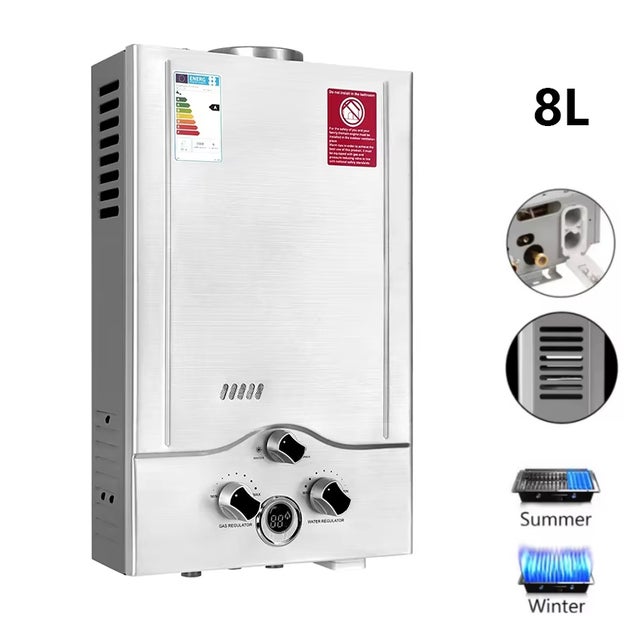 Chauffe-eau instantané au GPL, 8 L 16 kW, Chauffe-eau propane/butane avec affichage LED et protections de sécurité, Chauffe-eau extérieur