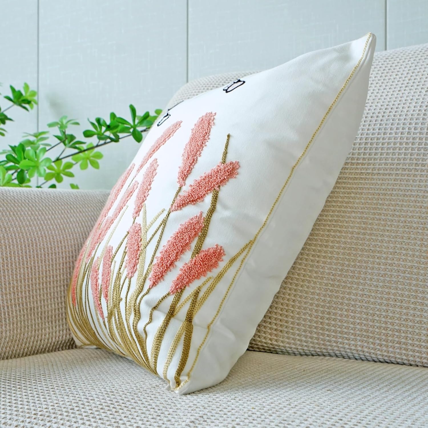 Tissu en coton avec broderie d'herbes de la pampa, style bohème (rose, 45 x 45cm) - 3