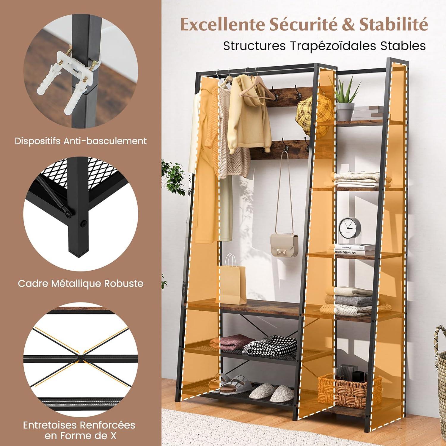 5 in 1 Appendiabiti con Ripiani, Stand Appendiabiti con 9 Ganci, 5 Ripiani Laterali e 2 Ripiani in Rete, Attaccapanni Industriale in Metallo, - 3