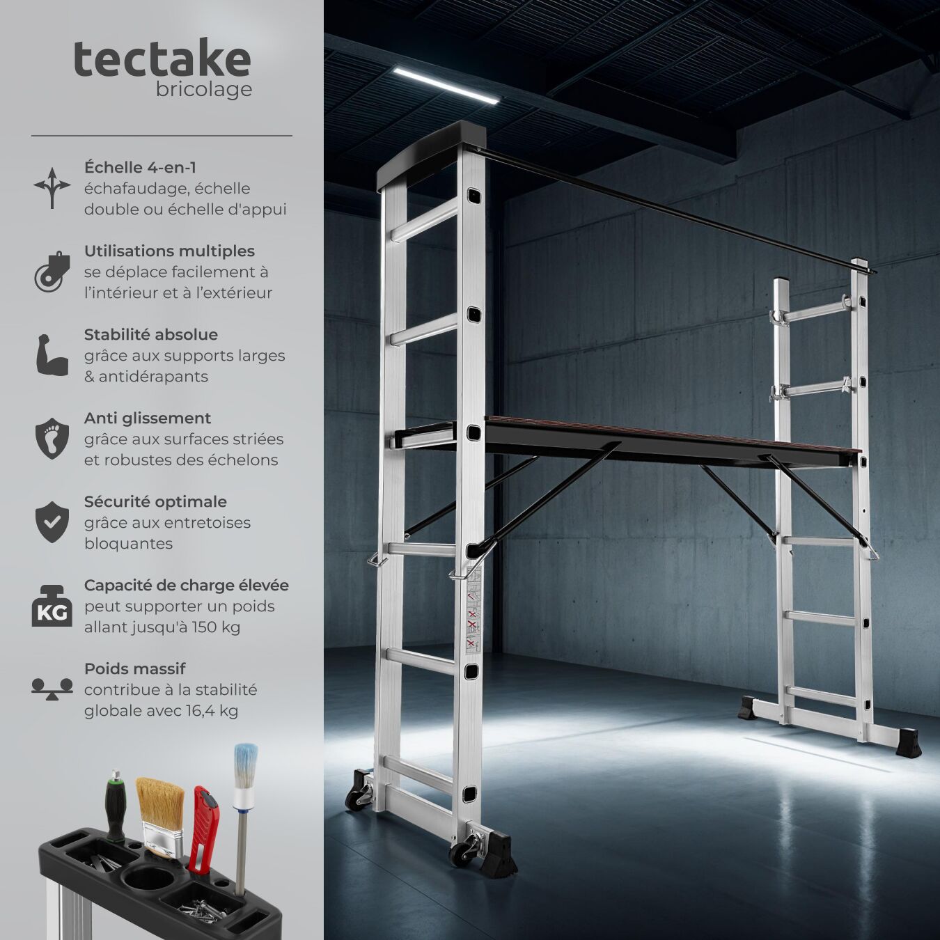 Échafaudage multifonctionnel en aluminium grande surface de travail facile à déplacer 160 x 70 x 109 cm argent TECTAKE - 2