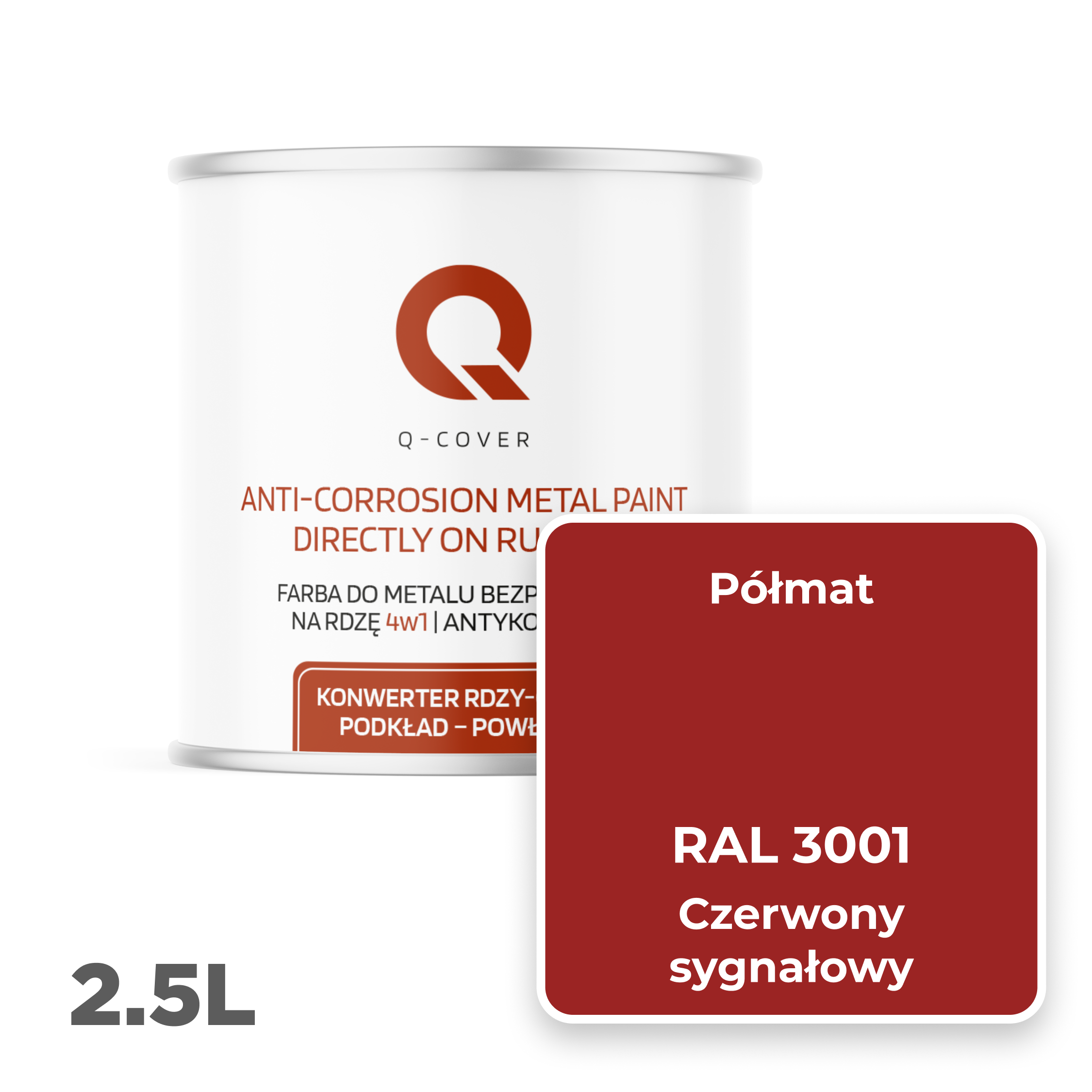 Farba do Metalu Prosto na Rdzę 4w1 Q-Cover Czerwony sygnałowy RAL3001 Półmat 2.5L - 2