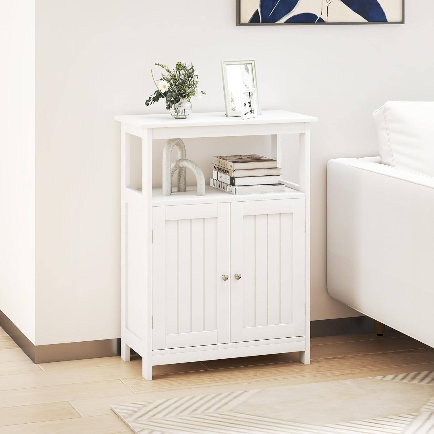 Mobile da bagno, armadio da bagno a terra con doppie ante, ripiano grande, 2 scomparti aperti, moderno per ingresso, soggiorno (bianco) - 9