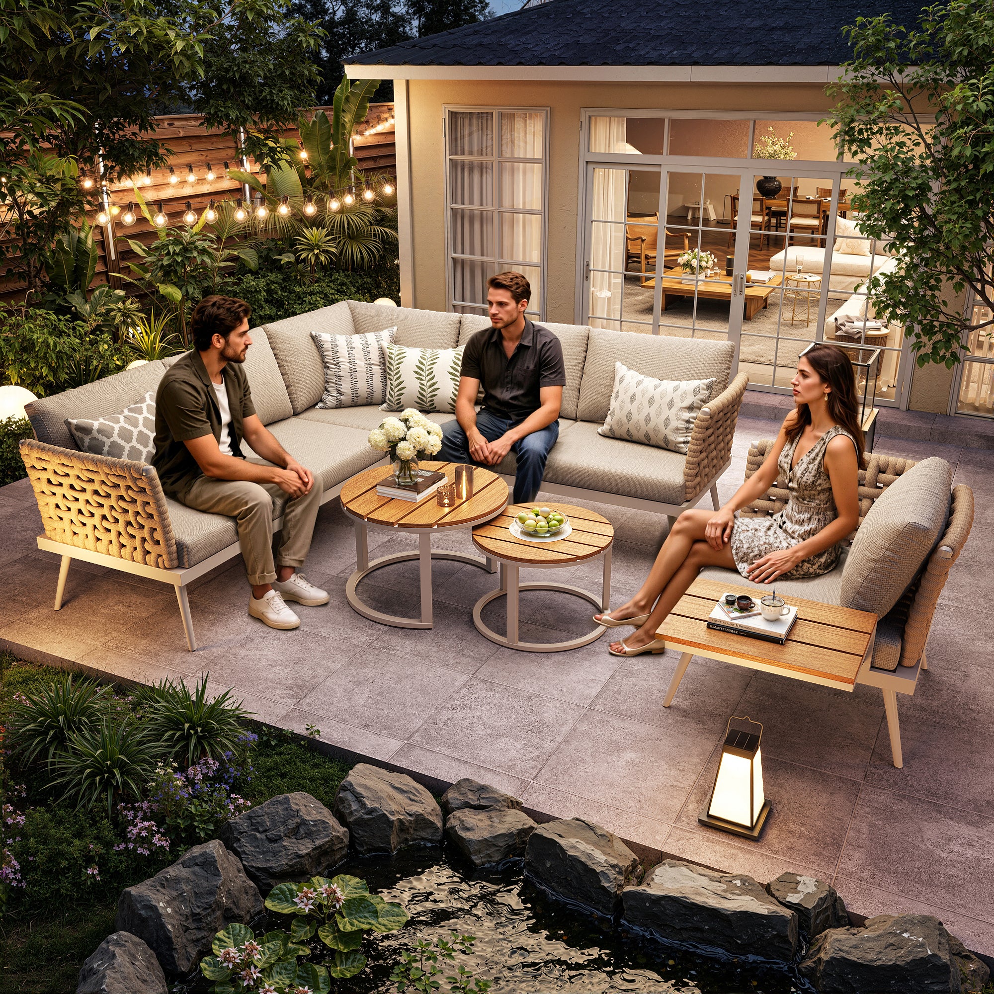 Conjunto de muebles de jardín modulares de hierro de 6 plazas: 2 sofás + 1 sillón + mesas de centro apilables - Beige - 7