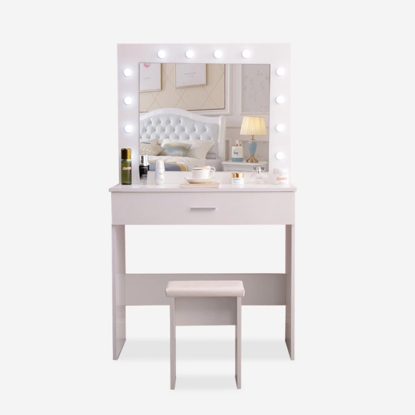 Coiffeuse avec miroir et tabouret,6 tiroirs,blanc,80(L)x37(W)x122(H)cm, - Maison