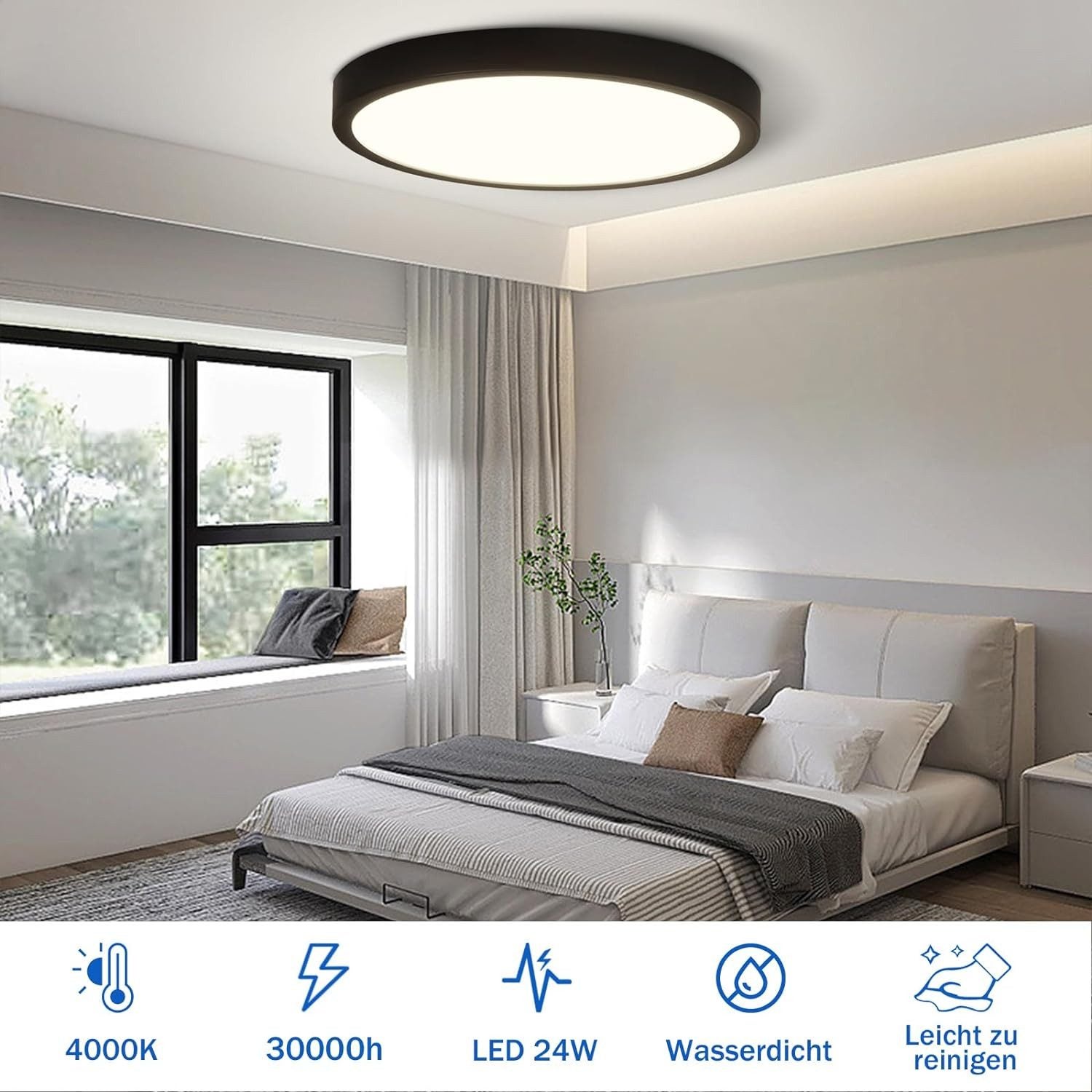 Plafoniera LED Soffitto 30 Cm In Legno E Metallo Nero - 24W, 4000K (Bianco Neutro), CRI >90
