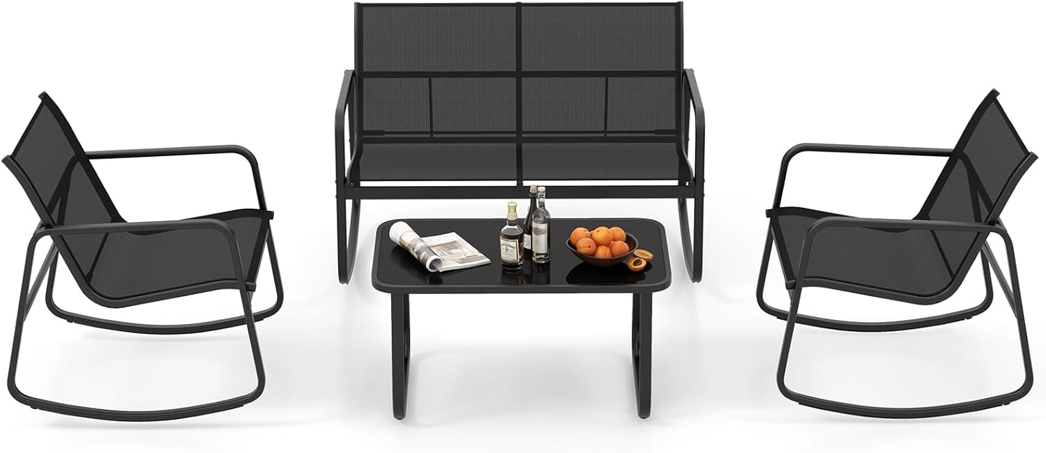 Set de mobilier de grădină din 4 piese, cu scaune balansoare, masă din sticlă și canapea, cadru metalic cu capacitate încărcare 150 kg, negru