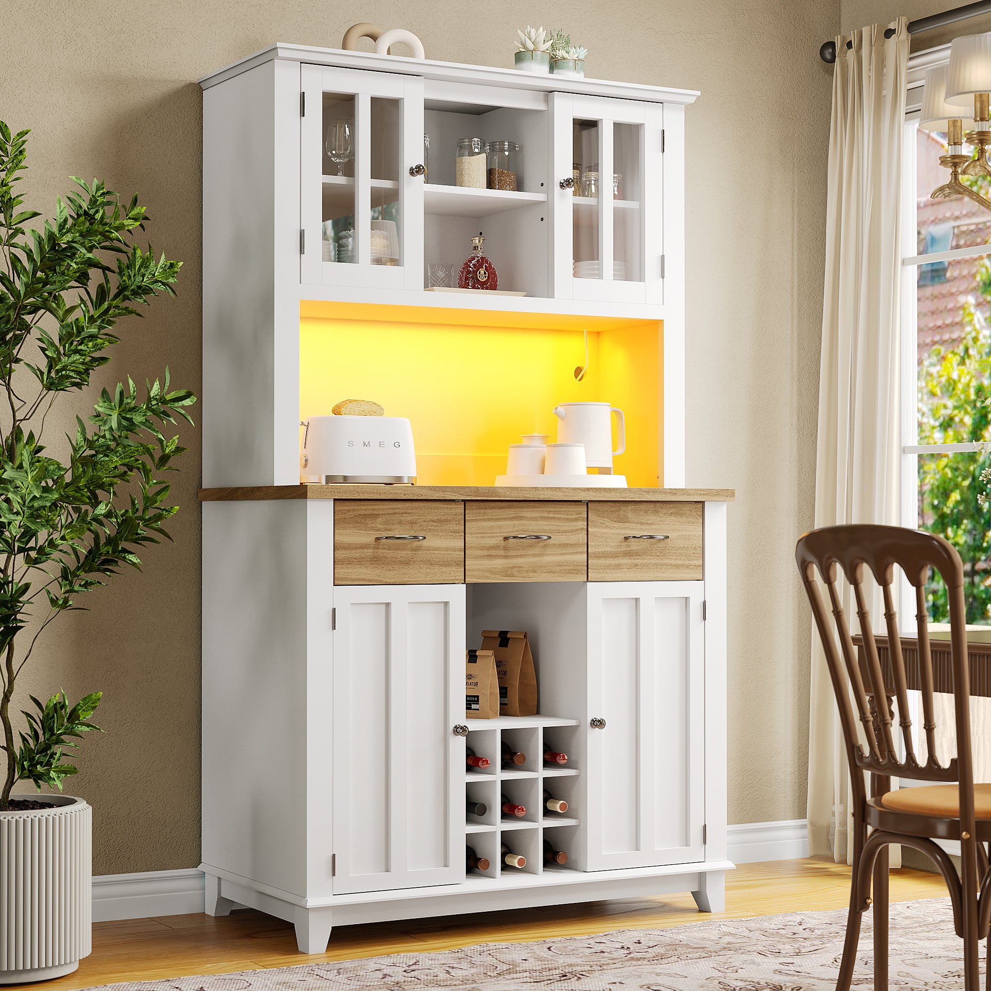 Kredens kuchenny z 4 drzwiami i 3 szufladami - 106 x 40 x 179,5 cm - Płyta MDF - Diody LED - Regulowane półki - Biały - 2