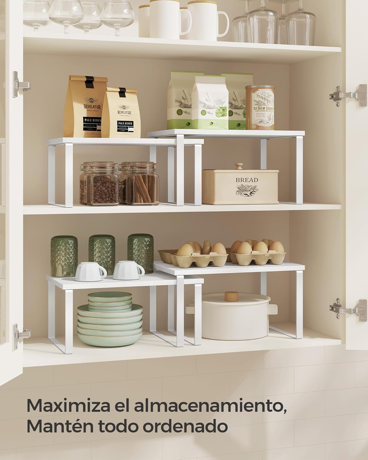 Juego de 4 Estantes de Cocina, para Almacenamiento, Apilables, Expandibles, Metal y Madera de Ingeniería, Blanco Nube y Blanco Nieve - 2