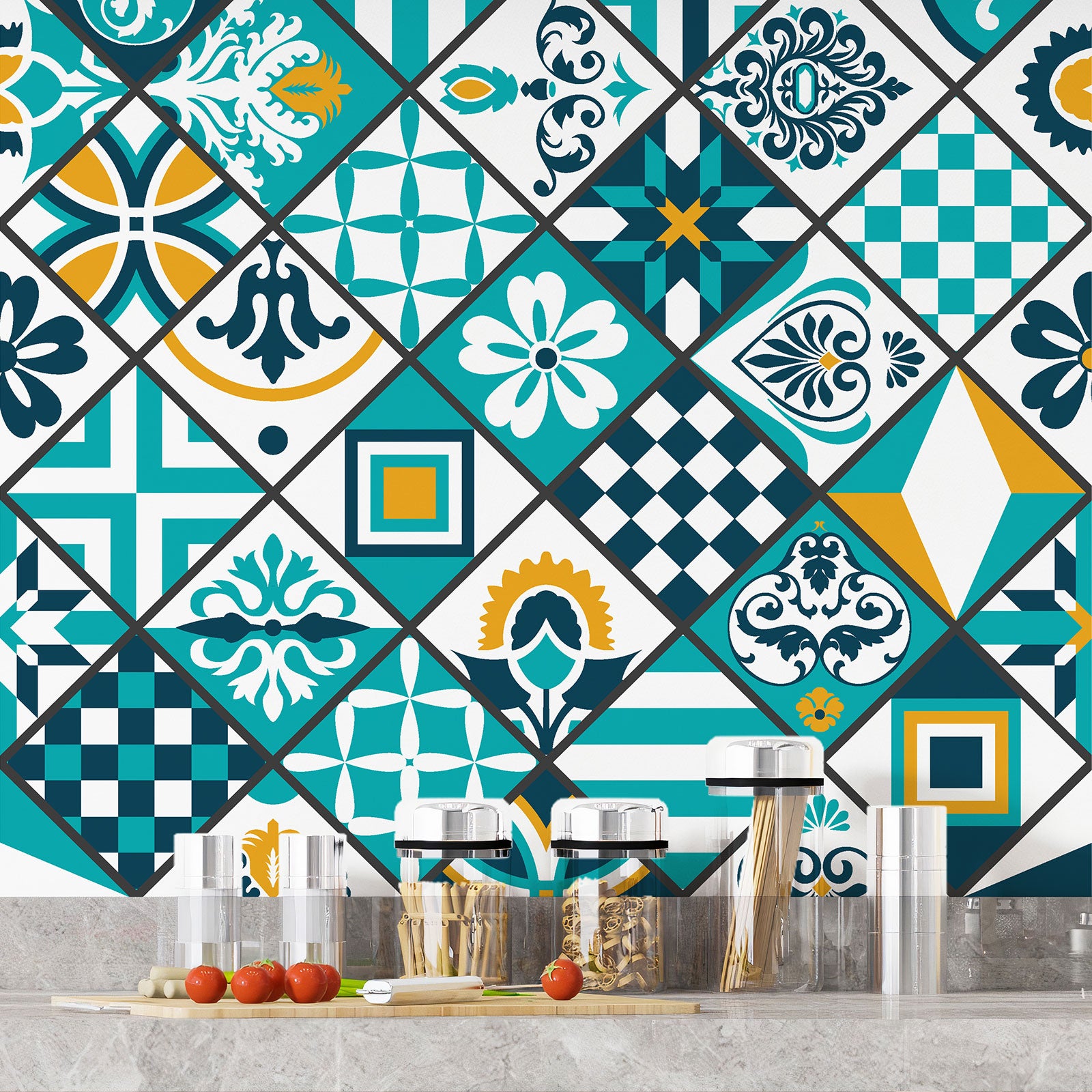 Crédence adhésive sticker décoratif pour cuisine - Effet carreaux de ciment - Adhésif MAT - 60x60 cm - 4