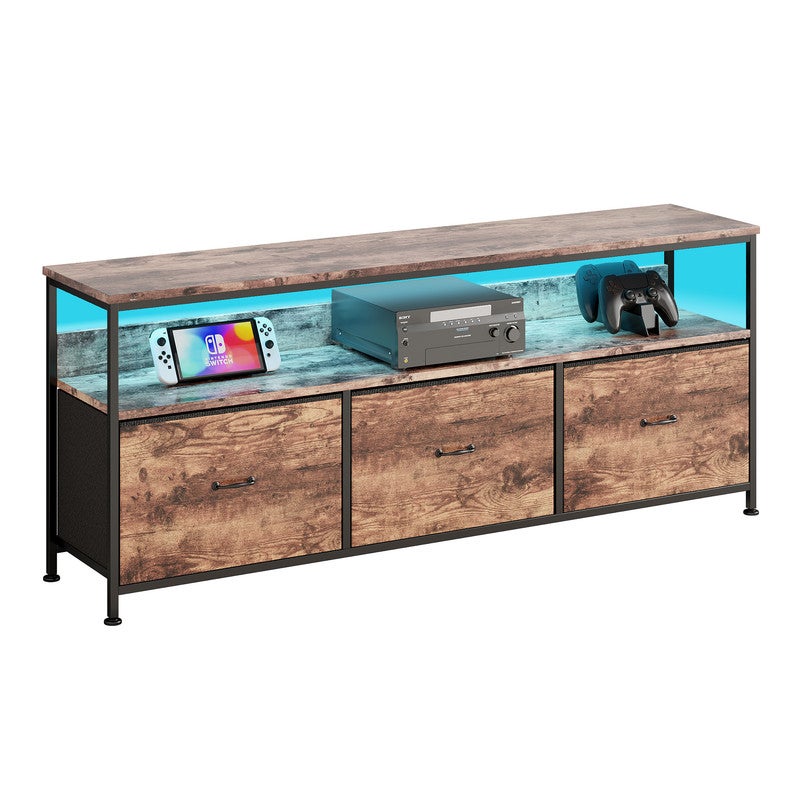 Meuble TV 108x30x57cm, avec bande lumineuse LED et 3 tiroirs en tissu rétro, pieds réglables en hauteur, structure en fer, meuble tele - 9
