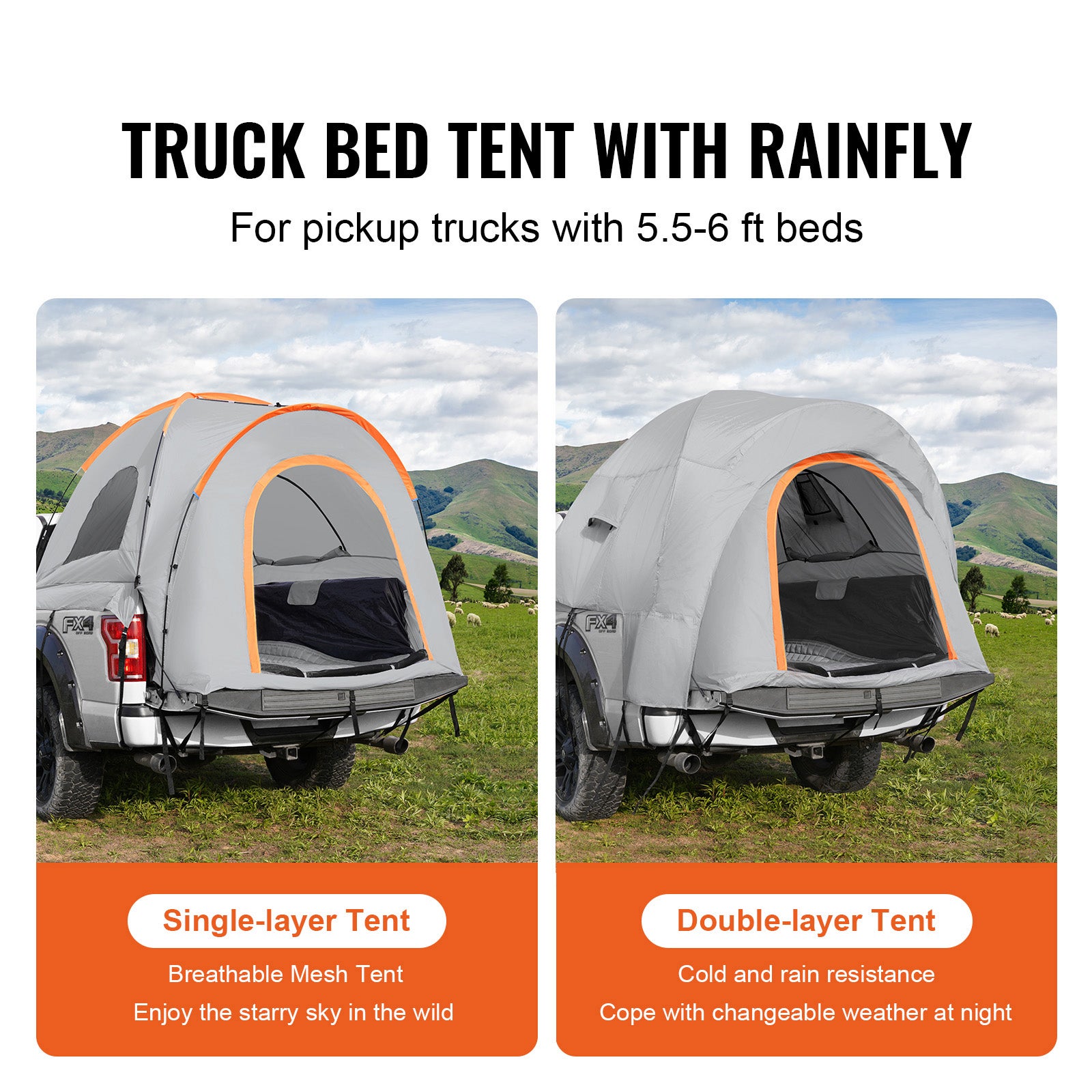 Tente de Camion,SucceBuy Tente de Camionnette 1,6 à 1,8 m,avec Couche de Pluie et Sac de Transport,Double Couche Imperméable PU 2000 mm - 4