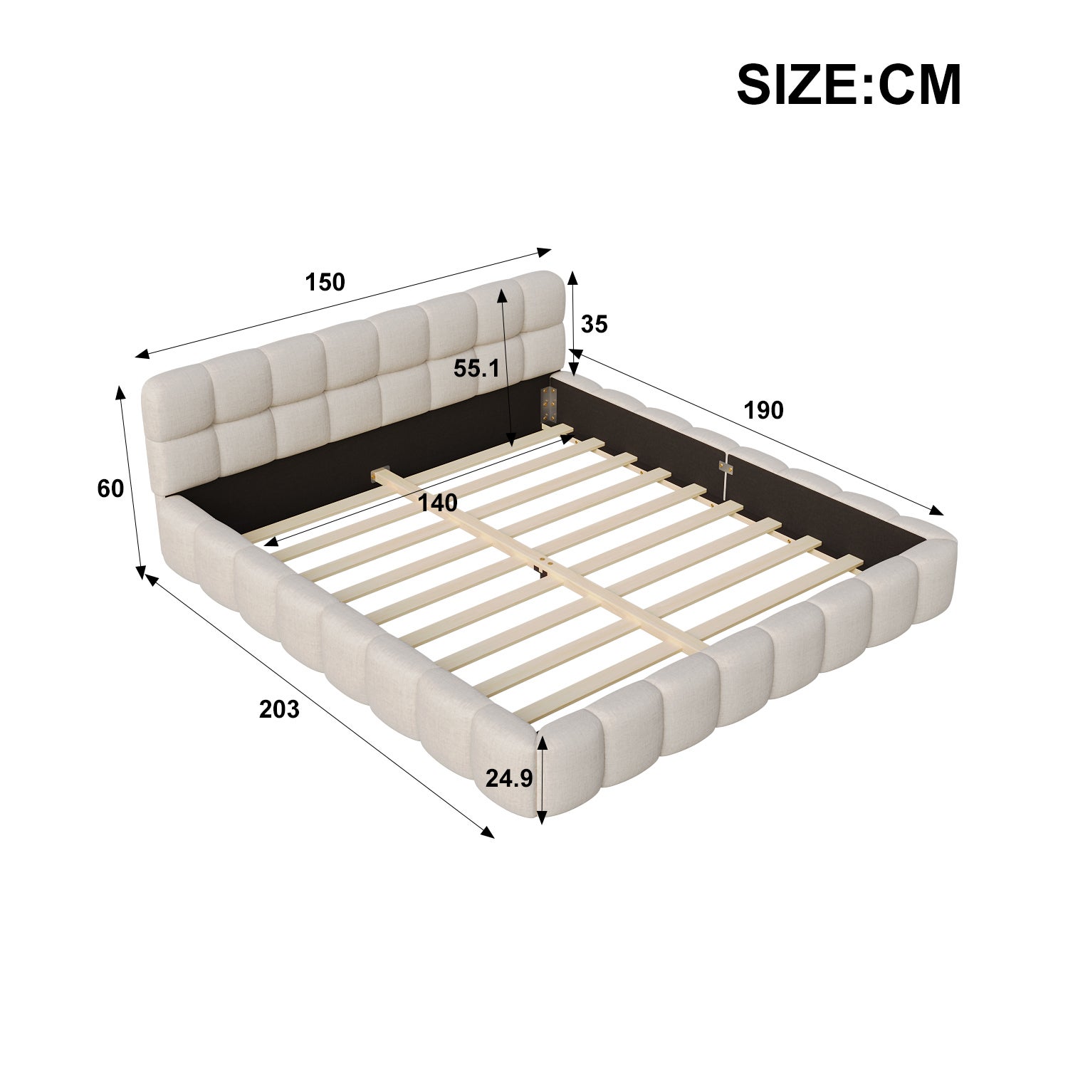 Lit adulte 140x190cm, 140x190cm Lit Bubble, dossier moelleux, Lit plat avec sommier à lattes, (en lin, beige) - 4