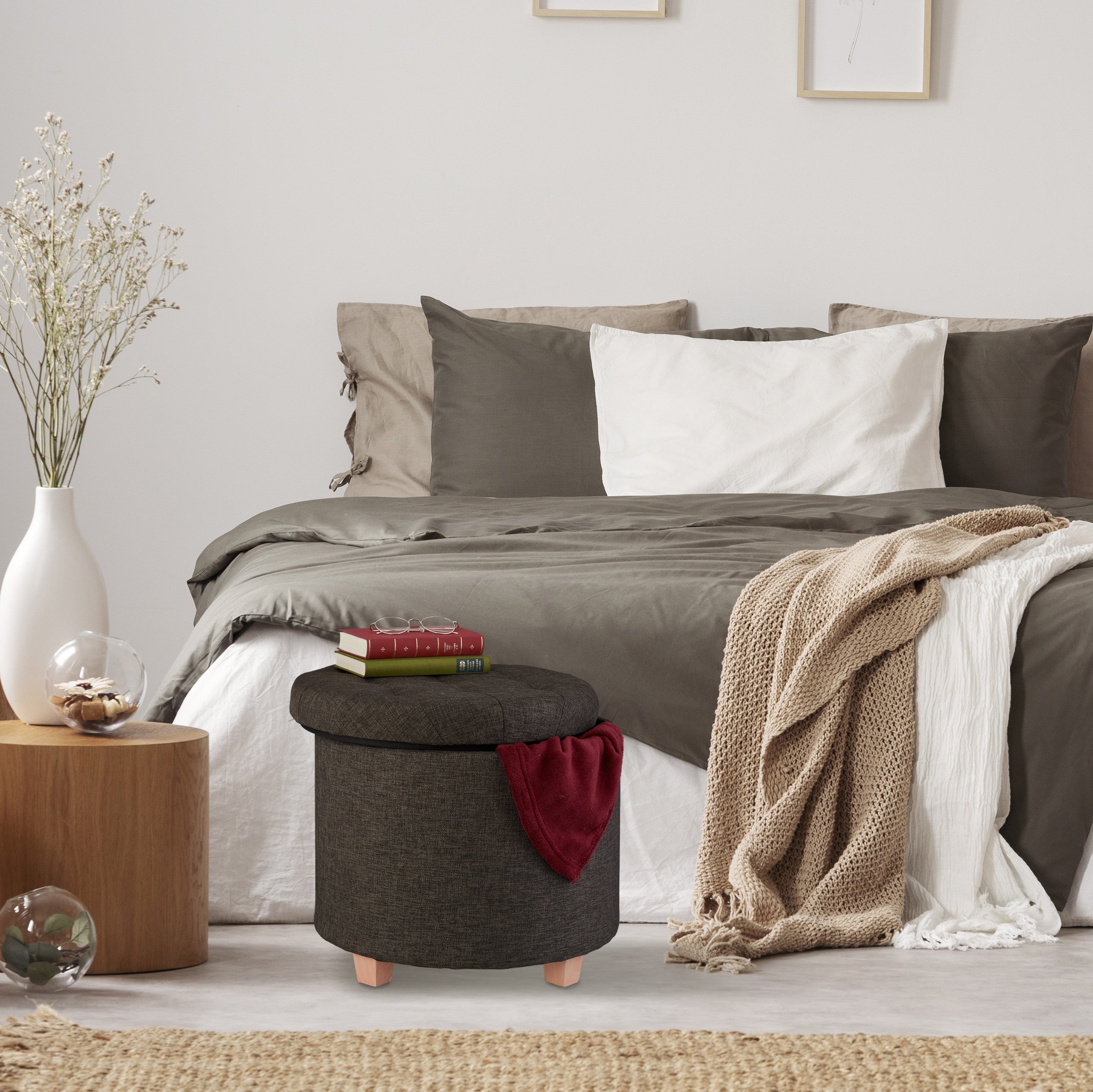 24KF Tavolino Ottomano Rotondo Imbottito In Lino, 81 Cm, Con Ripiano In Legno, Colore Carbone - 2