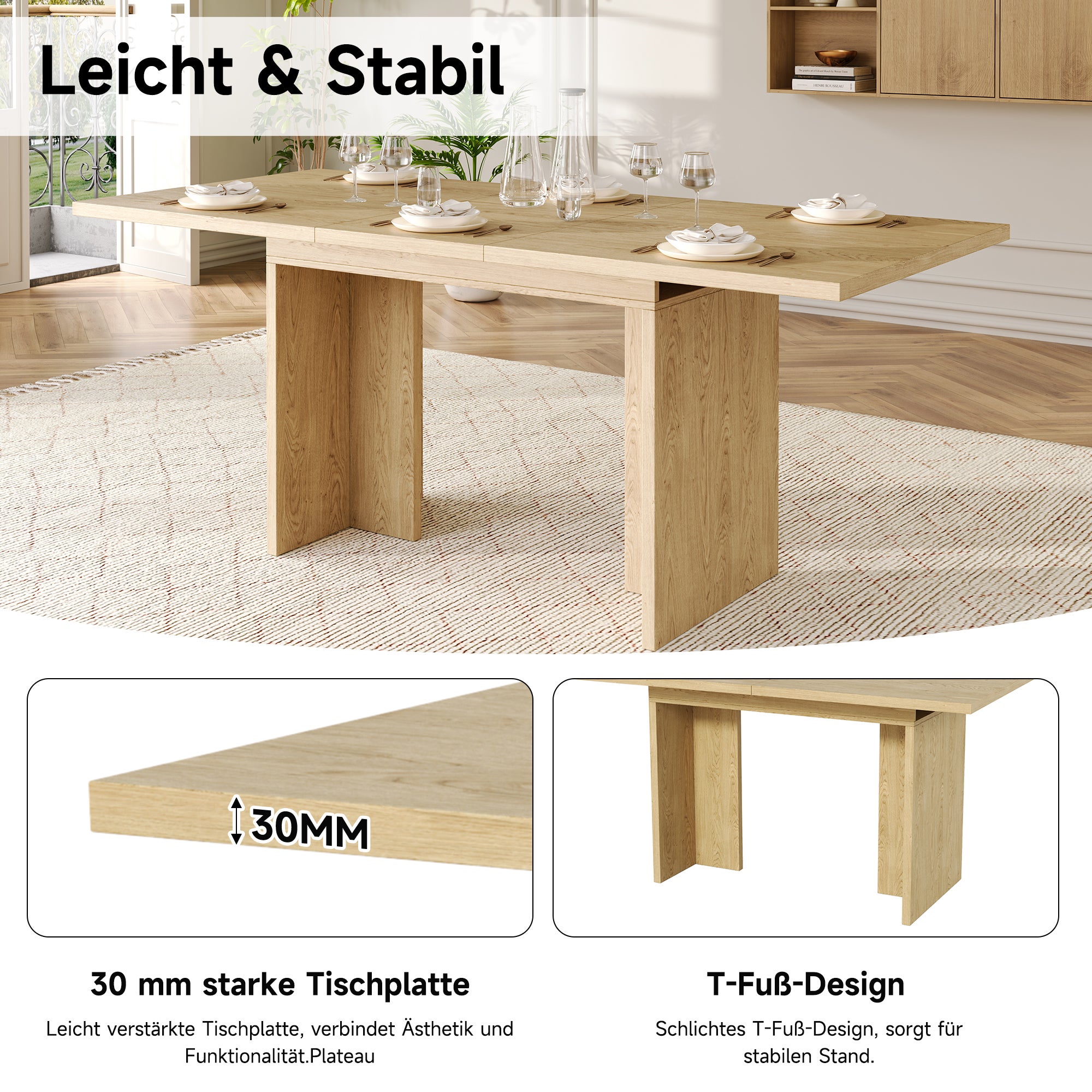 Table à manger extensible 6 à 8 couverts - 140/180 x 80 x 75 cm - MDF - Chêne - 7